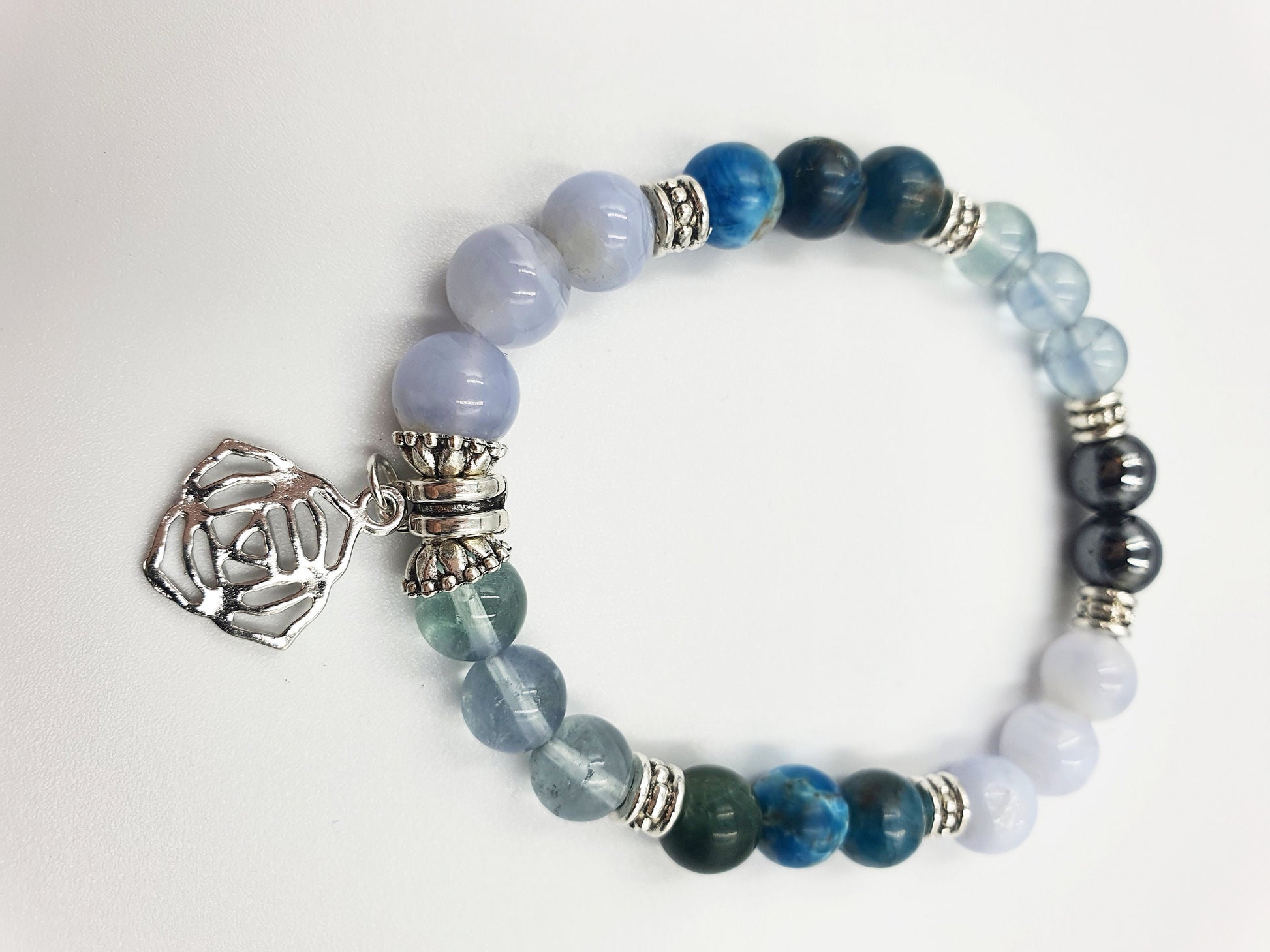 Arthritis Support Crystal Healing Bracelet with Chakra Charm (Blue Fluorite, Blue Apatite and Hematite)