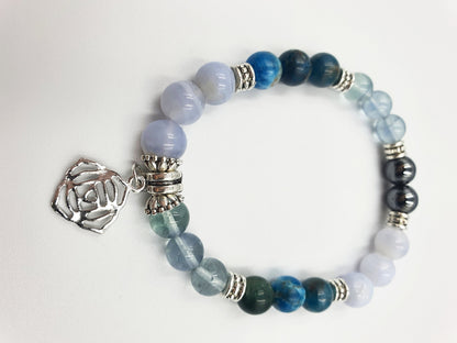 Arthritis Support Crystal Healing Bracelet with Chakra Charm (Blue Fluorite, Blue Apatite and Hematite)