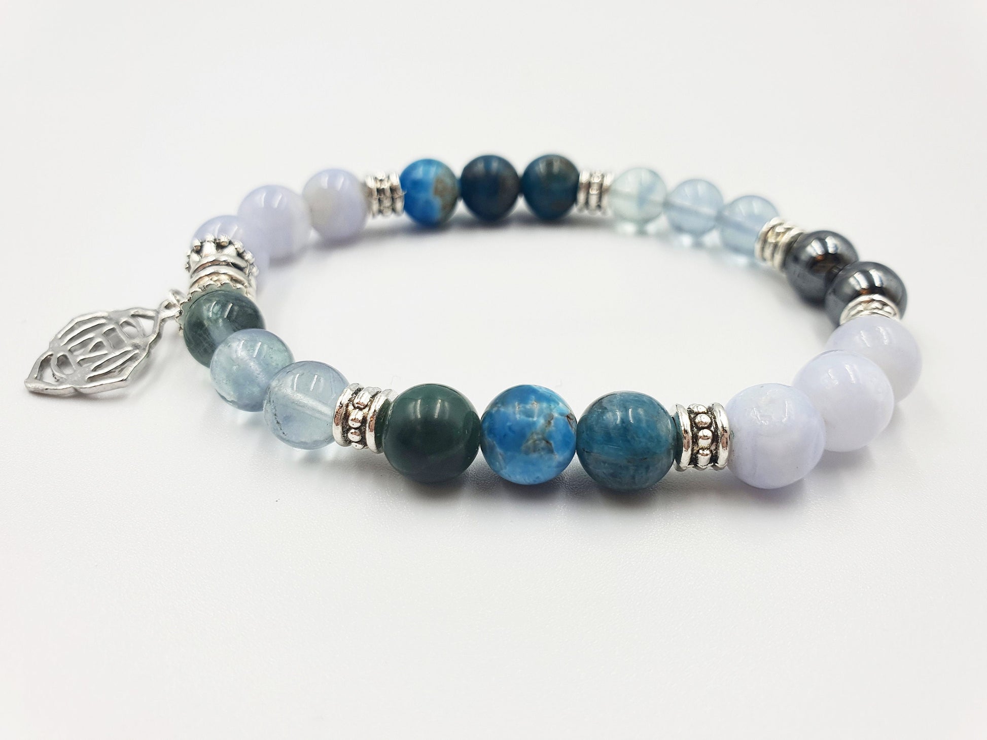 Arthritis Support Crystal Healing Bracelet with Chakra Charm (Blue Fluorite, Blue Apatite and Hematite)