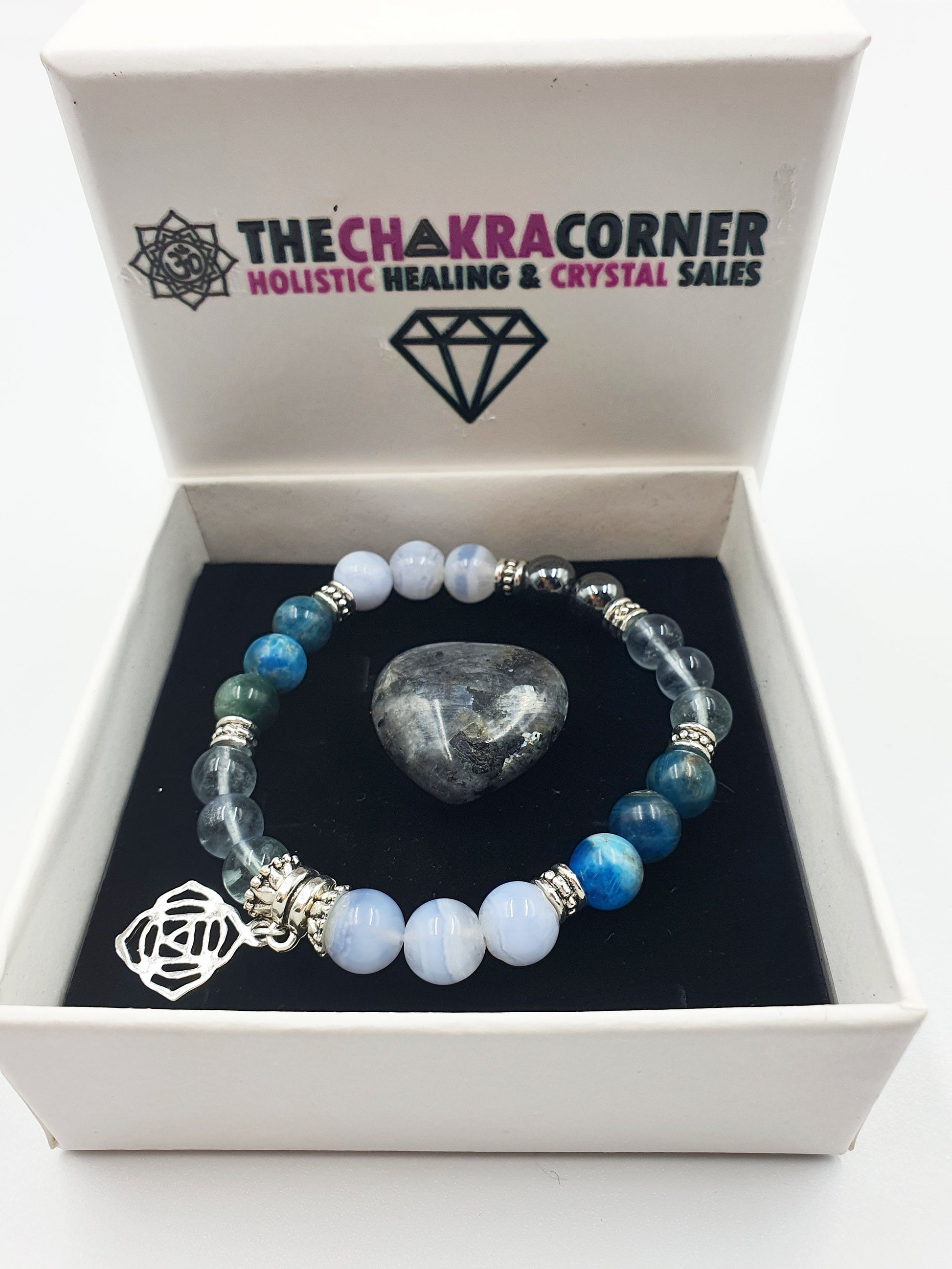 Arthritis Support Crystal Healing Bracelet with Chakra Charm (Blue Fluorite, Blue Apatite and Hematite)