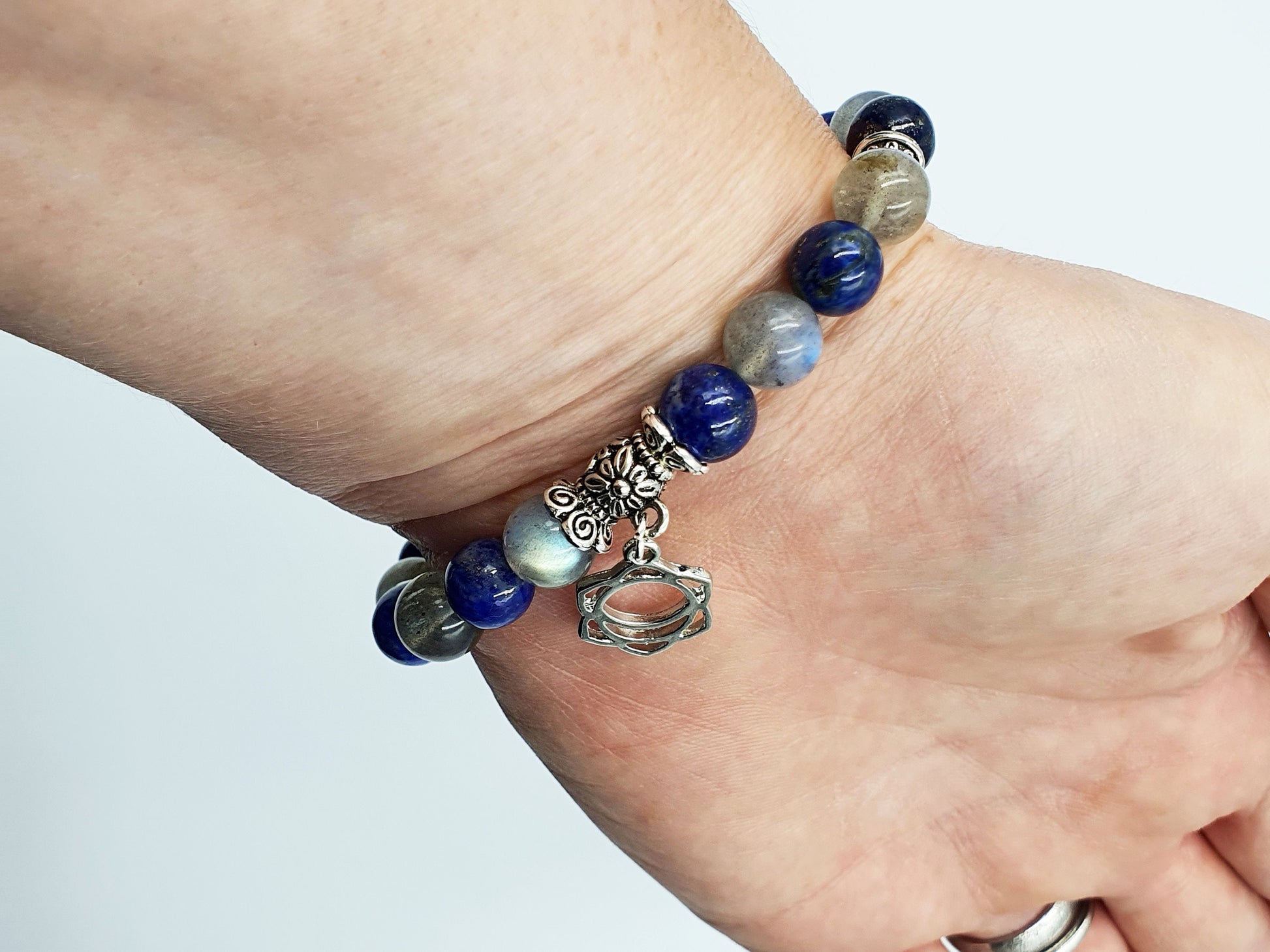 Period Pain Support Crystal Healing Bracelet with Chakra Charm (Lapis Lazuli and Labradorite)