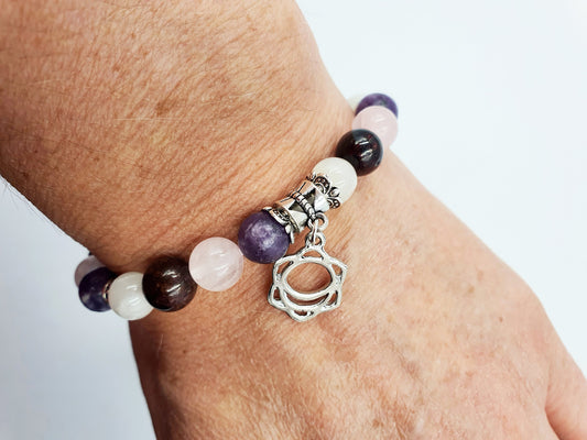 Menopause Support Crystal Healing Bracelet with Chakra Charm (Garnet, Lepidolite, White Moonstone and Rose Quartz)