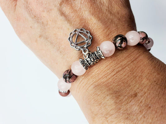 Confidence Support Crystal Healing Bracelet with Chakra Charm (Rhodonite and Rose Quartz)