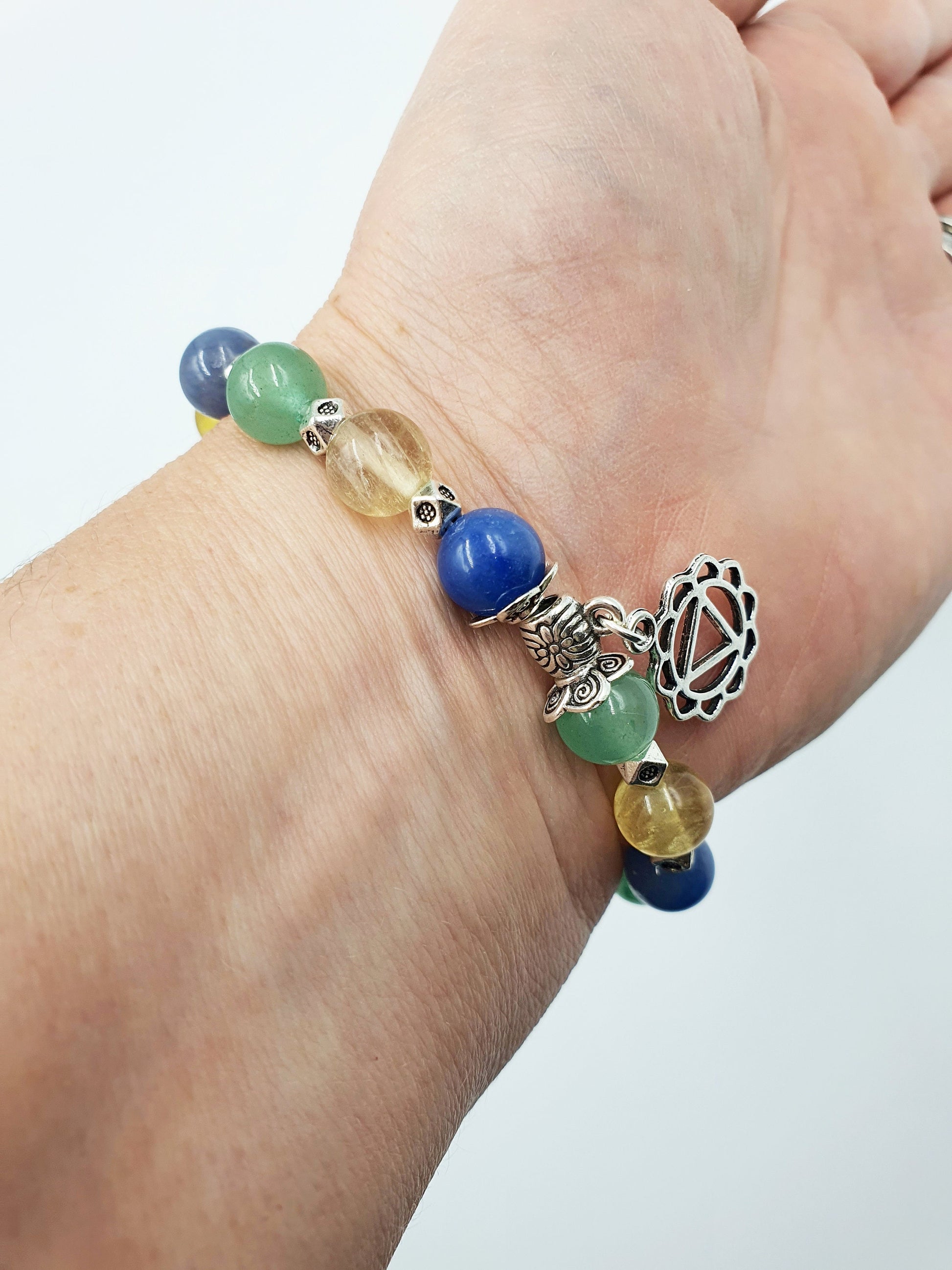 High Cholesterol Support Crystal Healing Bracelet with Chakra Charm (Blue Aventurine, Yellow Fluorite and Green Aventurine)