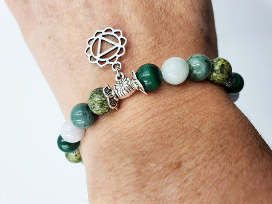 Diabetes Support Crystal Healing Bracelet with Chakra Charm (Emerald, Jade, Malachite and Serpentine)