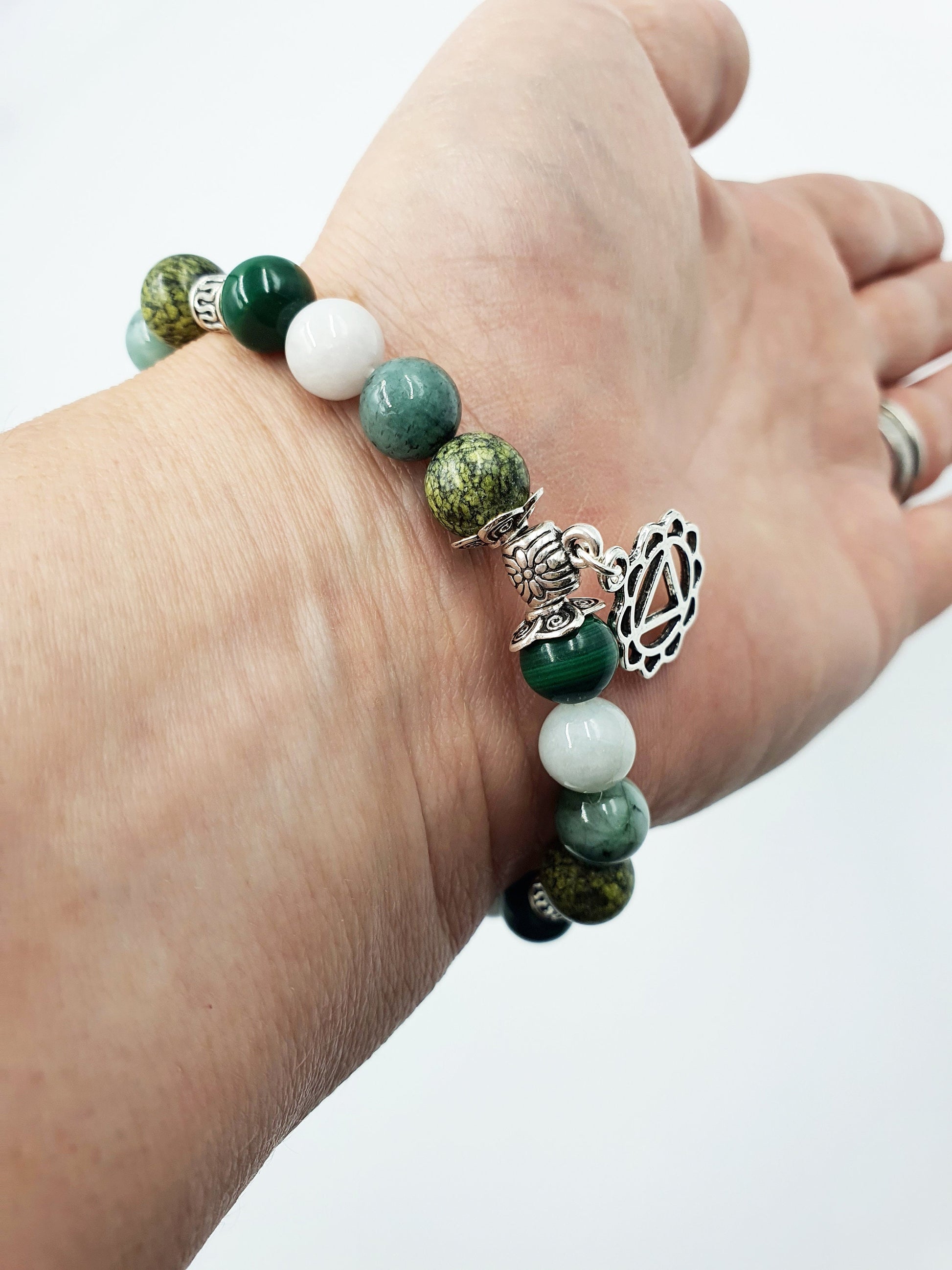 Diabetes Support Crystal Healing Bracelet with Chakra Charm (Emerald, Jade, Malachite and Serpentine)