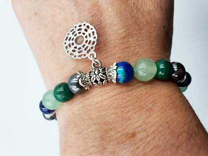 Eczema Relief Support Crystal Healing Bracelet with Chakra Charm (Azurite, Malachite, Hematite and Green Aventurine) - Custom sizes Avail.