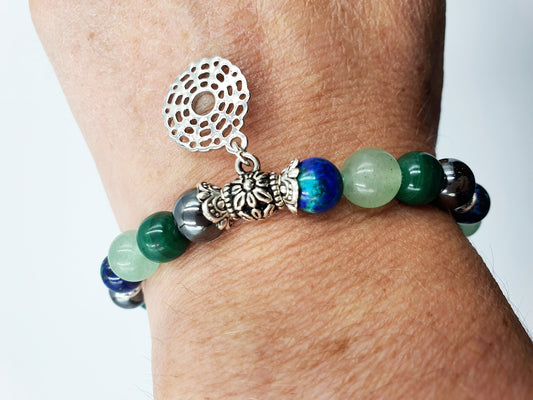 Eczema Relief Support Crystal Healing Bracelet with Chakra Charm (Azurite, Malachite, Hematite and Green Aventurine) - Custom sizes Avail.