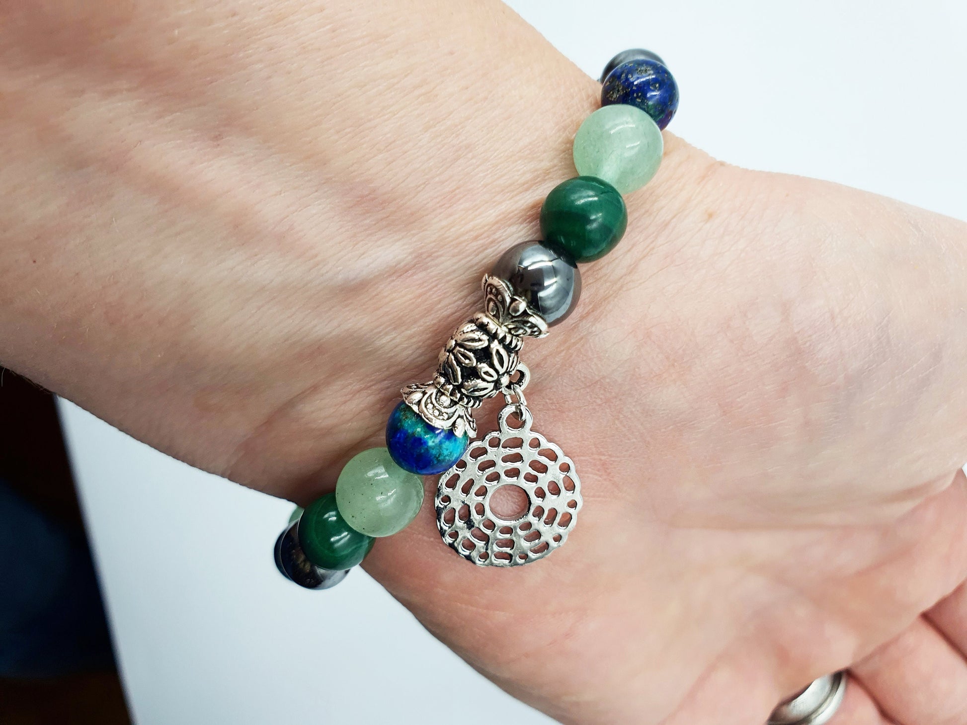 Eczema Relief Support Crystal Healing Bracelet with Chakra Charm (Azurite, Malachite, Hematite and Green Aventurine) - Custom sizes Avail.