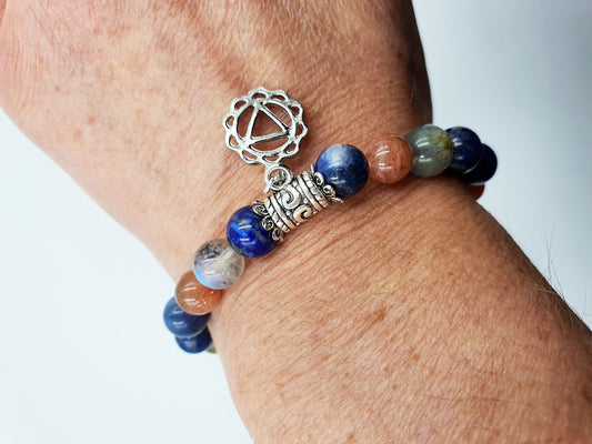 Happiness Booster Support Crystal Healing Bracelet with Chakra Charm (Lapis Lazuli, Sunstone, Sodalite and Labradorite)