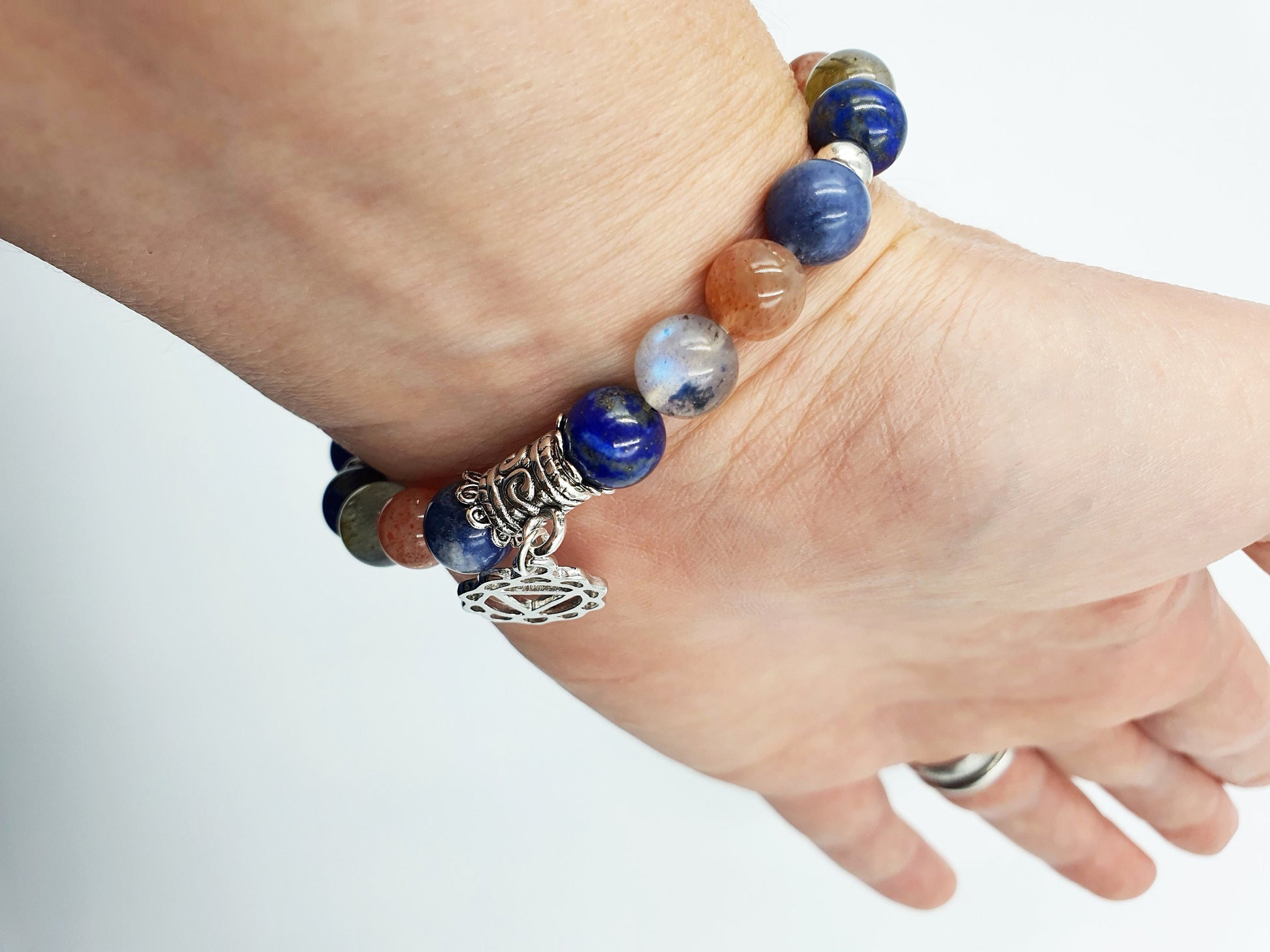Happiness Booster Support Crystal Healing Bracelet with Chakra Charm (Lapis Lazuli, Sunstone, Sodalite and Labradorite)