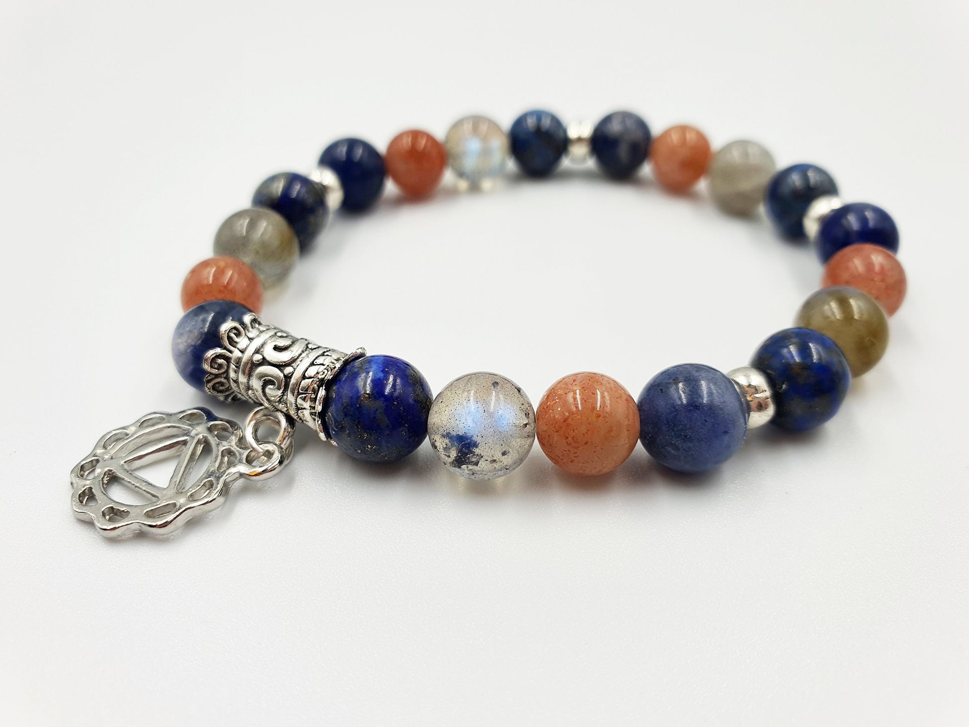 Happiness Booster Support Crystal Healing Bracelet with Chakra Charm (Lapis Lazuli, Sunstone, Sodalite and Labradorite)