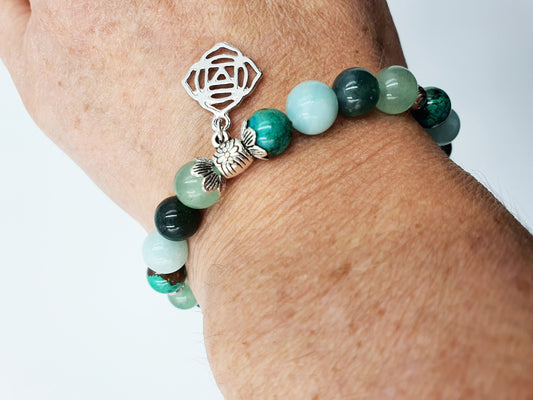 Depression and Anxiety Support Crystal Healing Bracelet with Chakra Charm (Turquoise, Moss Agate, Calcite and Green Aventurine)