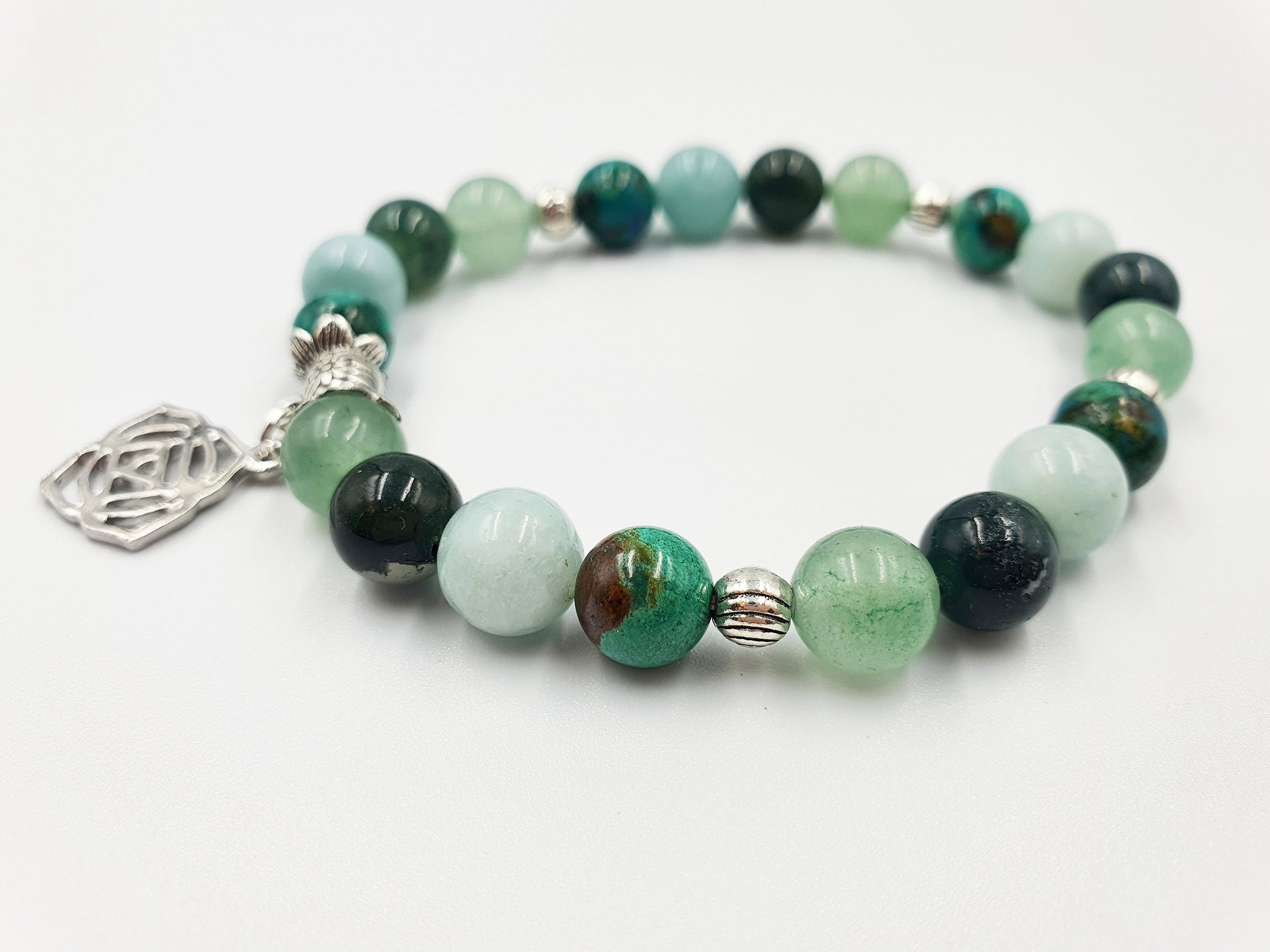 Depression and Anxiety Support Crystal Healing Bracelet with Chakra Charm (Turquoise, Moss Agate, Calcite and Green Aventurine)