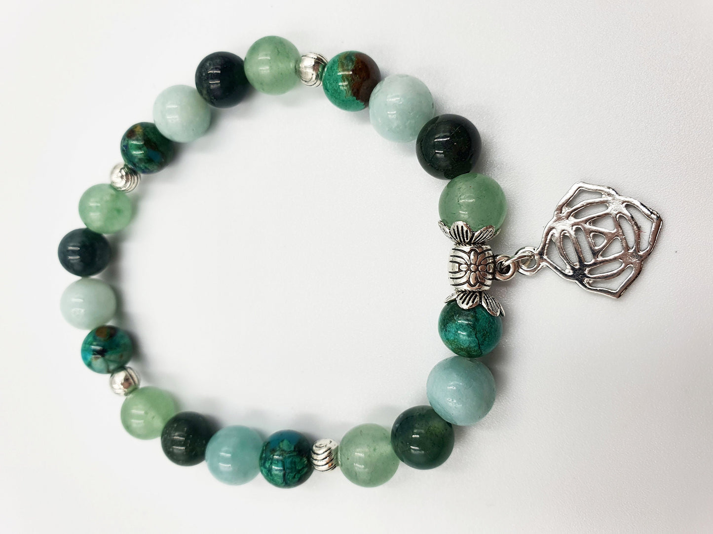 Depression and Anxiety Support Crystal Healing Bracelet with Chakra Charm (Turquoise, Moss Agate, Calcite and Green Aventurine)