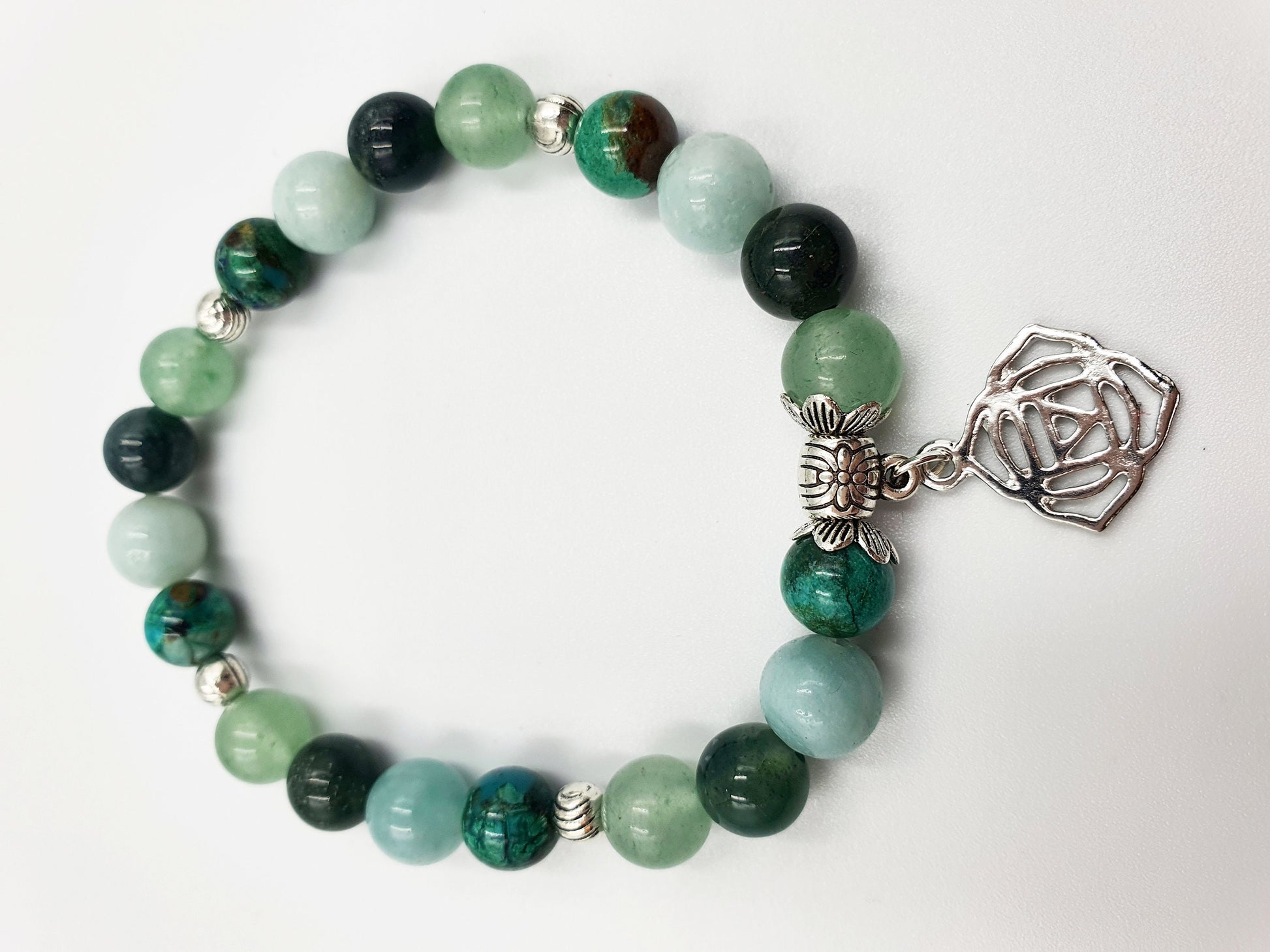 Depression and Anxiety Support Crystal Healing Bracelet with Chakra Charm (Turquoise, Moss Agate, Calcite and Green Aventurine)