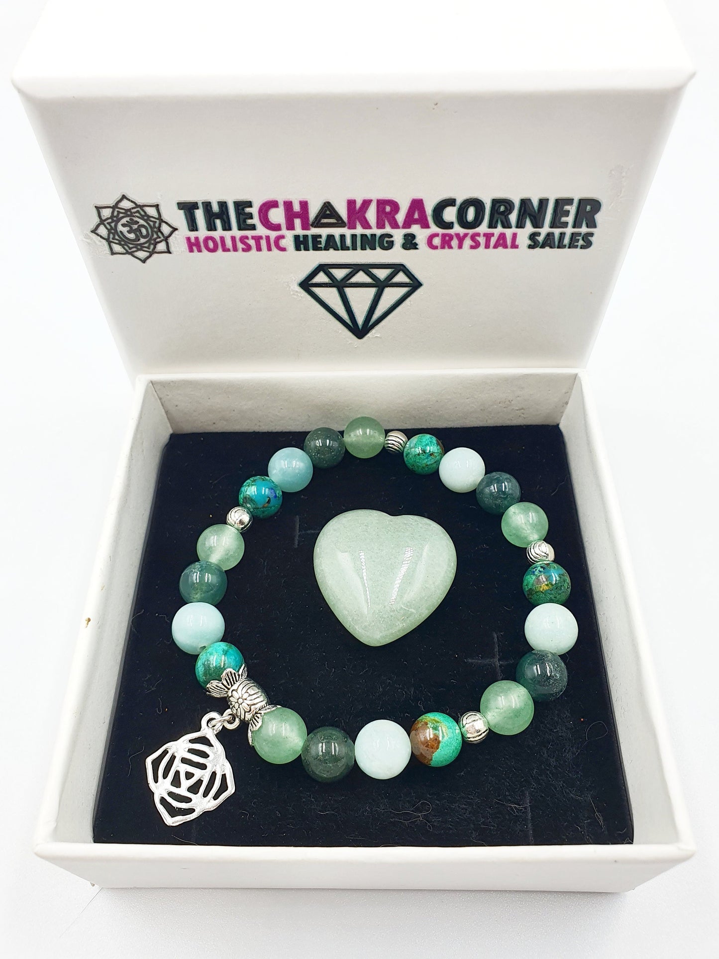 Depression and Anxiety Support Crystal Healing Bracelet with Chakra Charm (Turquoise, Moss Agate, Calcite and Green Aventurine)