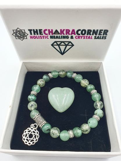 Lung Health Support Crystal Healing Bracelet with Chakra Charm (Emerald, Prehnite and Green Aventurine)