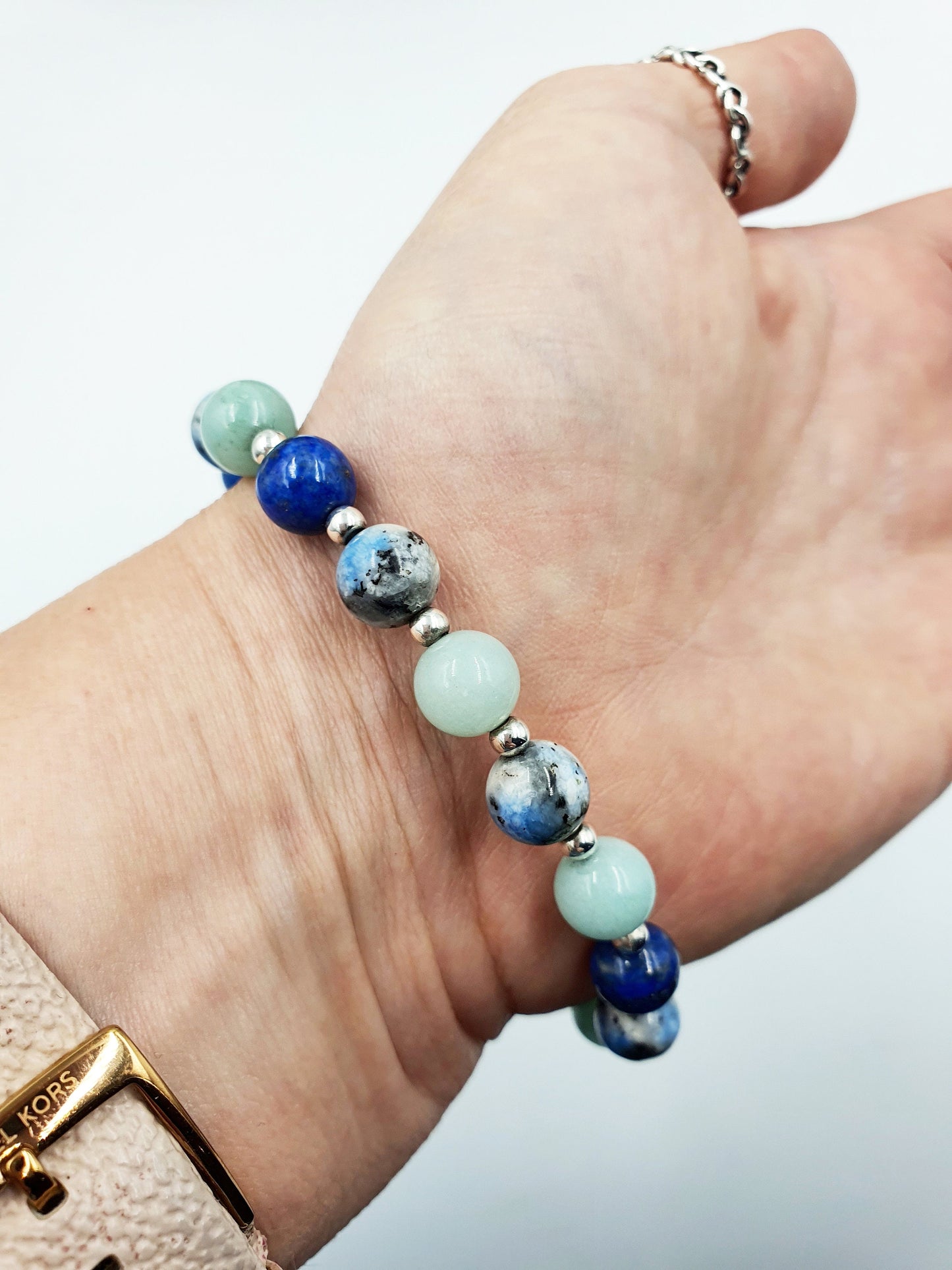 Calming the Mind Crystal Healing Bracelet with Chakra Charm (Lapis Lazuli, Caribbean Calcite and K2)