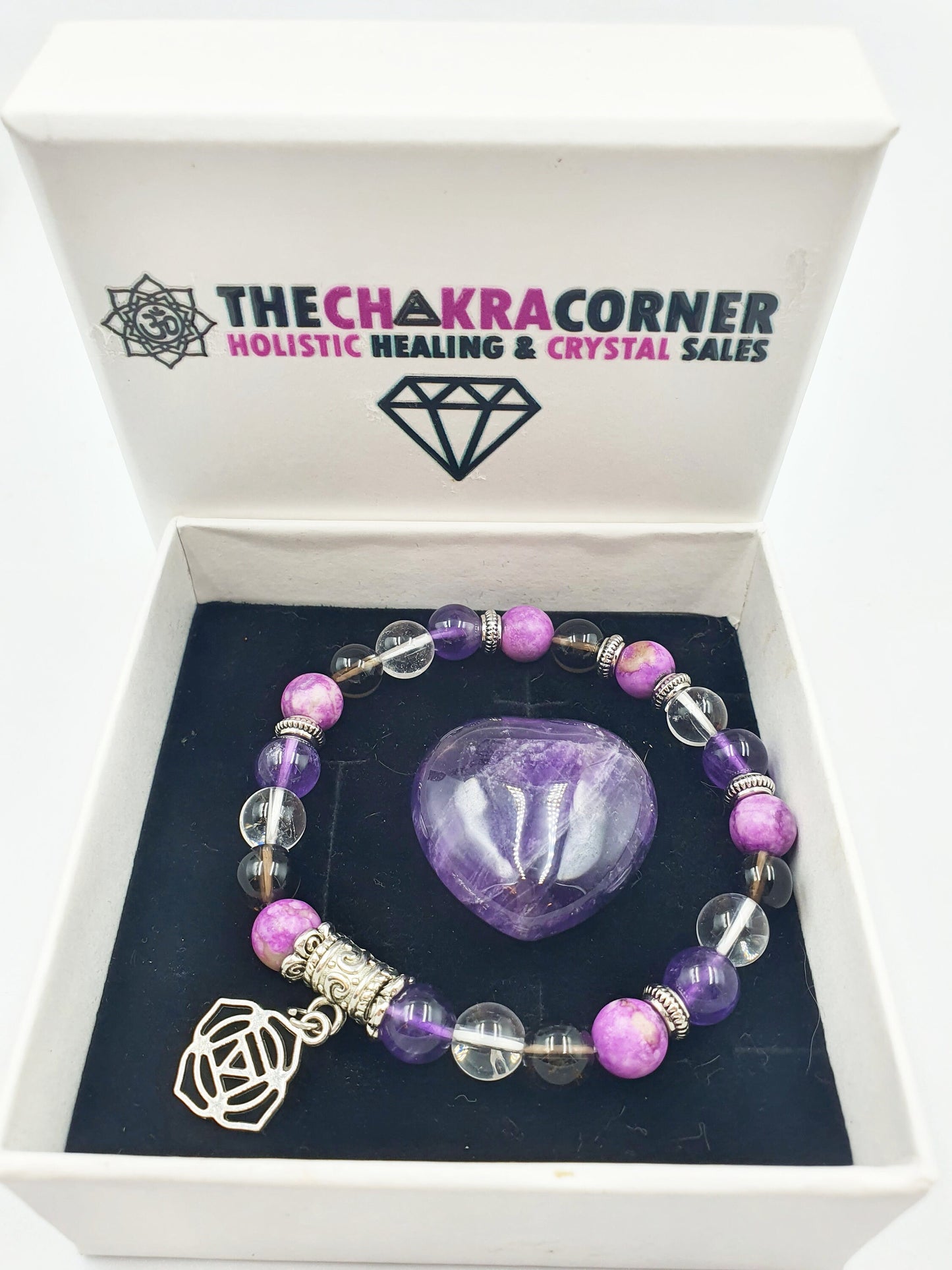 Cancer Treatment Support Crystal Healing Bracelet with Chakra Charm (Amethyst, Clear Quartz, Smokey Quartz and Sugilite)