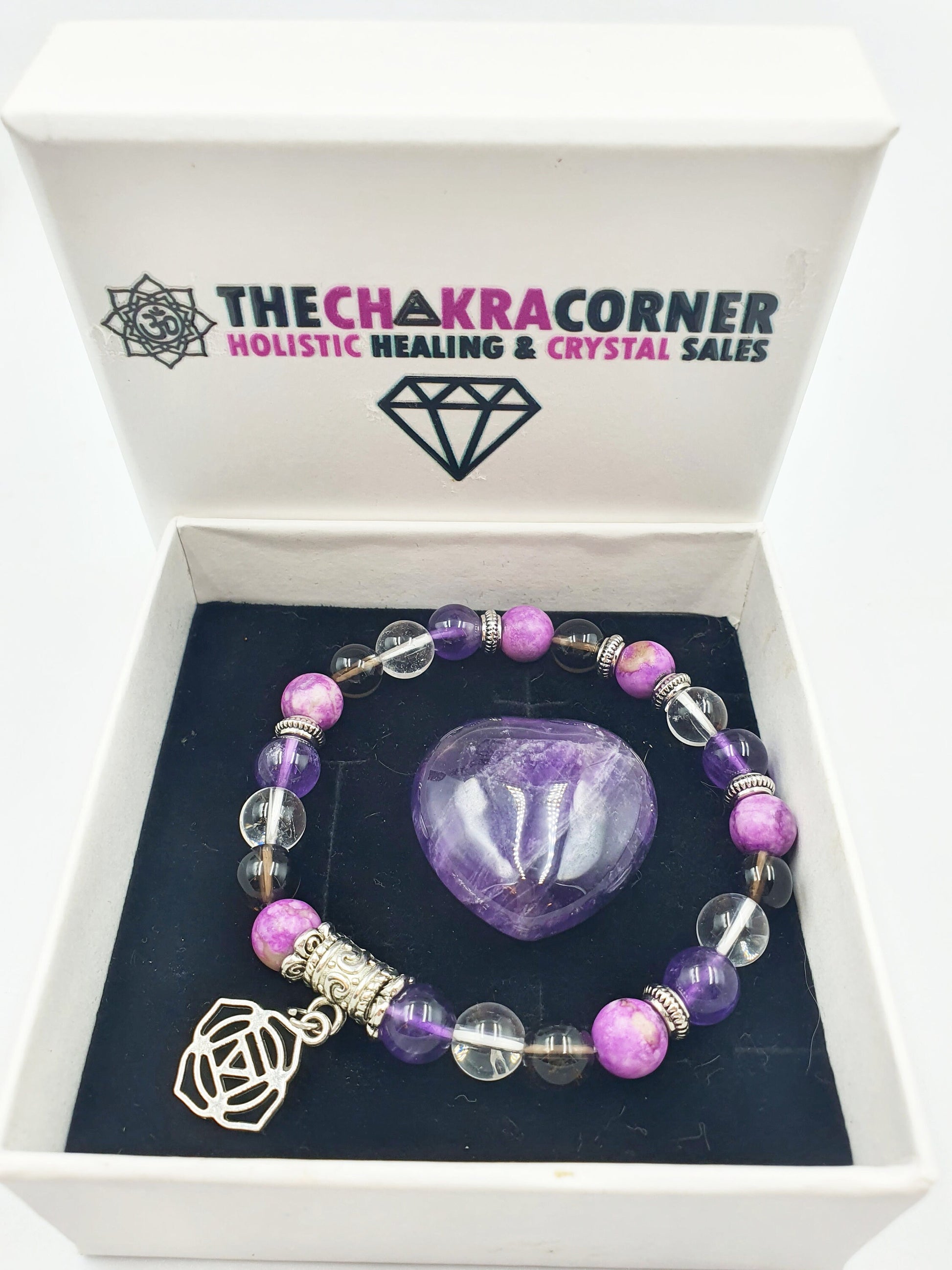 Cancer Treatment Support Crystal Healing Bracelet with Chakra Charm (Amethyst, Clear Quartz, Smokey Quartz and Sugilite)