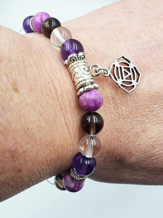 Cancer Treatment Support Crystal Healing Bracelet with Chakra Charm (Amethyst, Clear Quartz, Smokey Quartz and Sugilite)