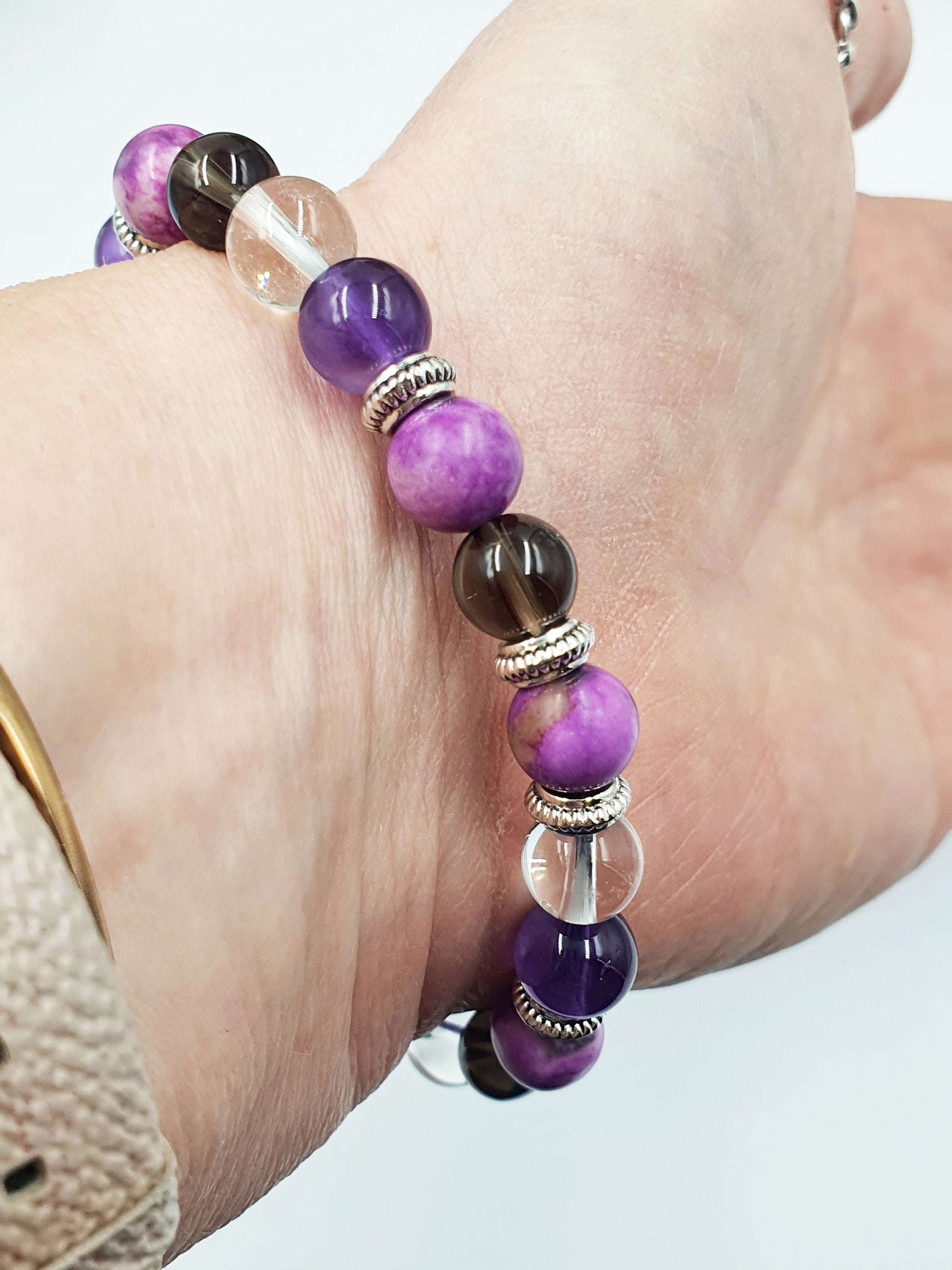 Cancer Treatment Support Crystal Healing Bracelet with Chakra Charm (Amethyst, Clear Quartz, Smokey Quartz and Sugilite)