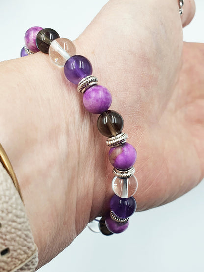 Cancer Treatment Support Crystal Healing Bracelet with Chakra Charm (Amethyst, Clear Quartz, Smokey Quartz and Sugilite)