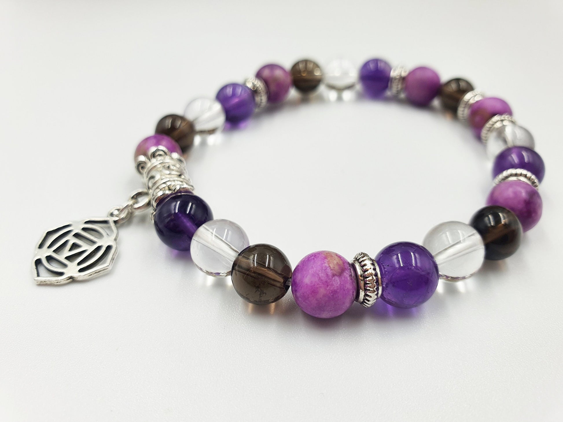 Cancer Treatment Support Crystal Healing Bracelet with Chakra Charm (Amethyst, Clear Quartz, Smokey Quartz and Sugilite)