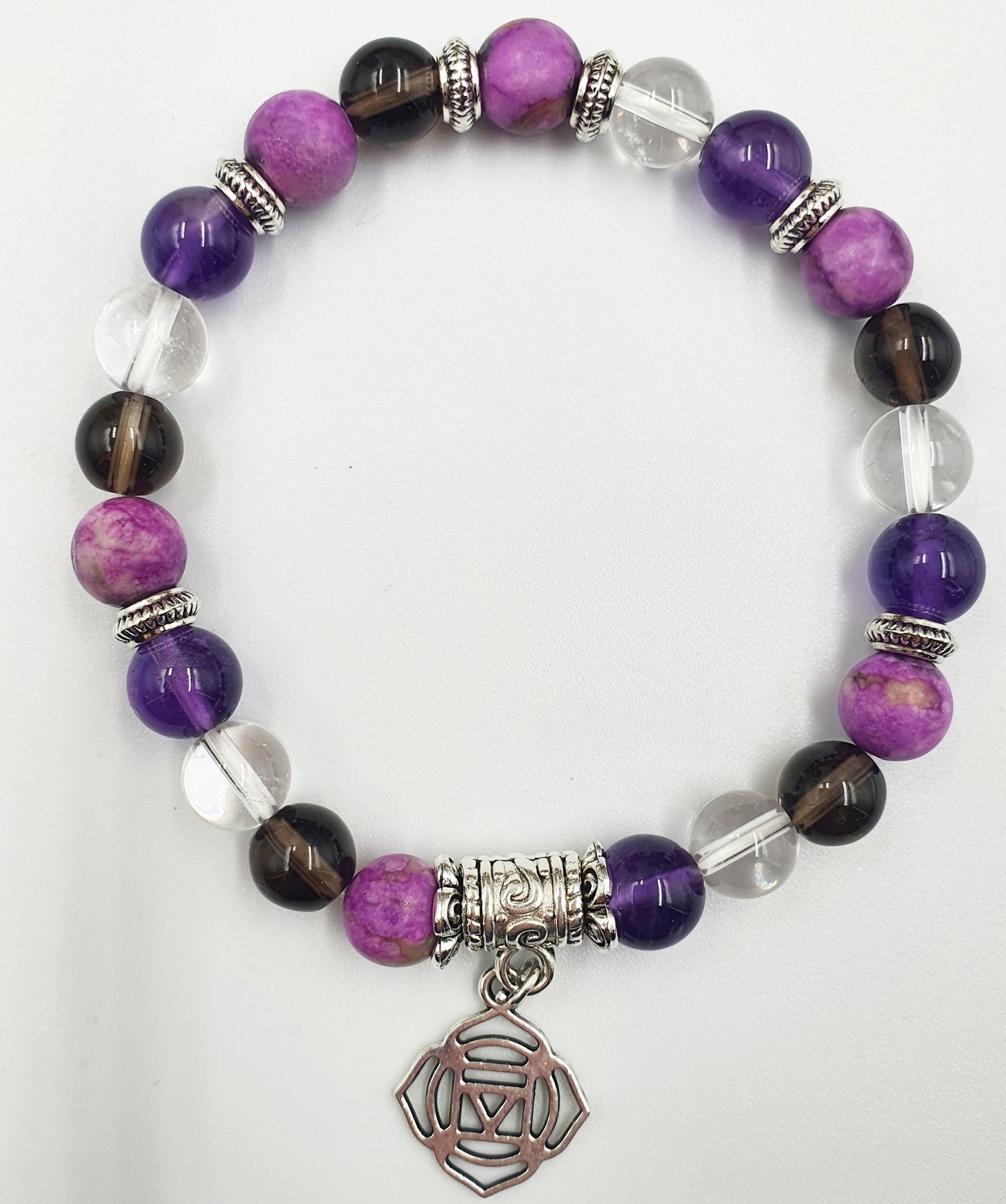 Cancer Treatment Support Crystal Healing Bracelet with Chakra Charm (Amethyst, Clear Quartz, Smokey Quartz and Sugilite)