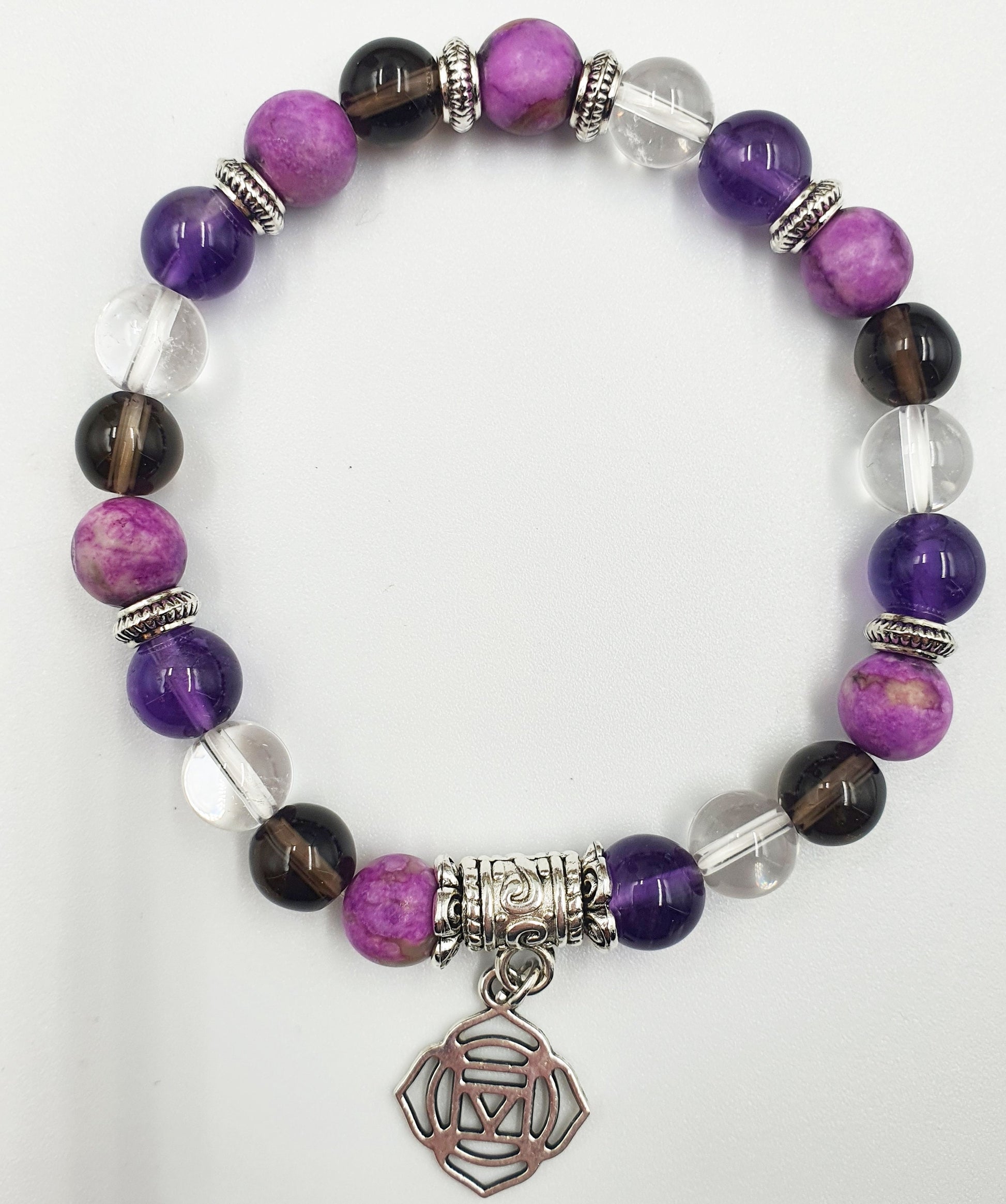 Cancer Treatment Support Crystal Healing Bracelet with Chakra Charm (Amethyst, Clear Quartz, Smokey Quartz and Sugilite)