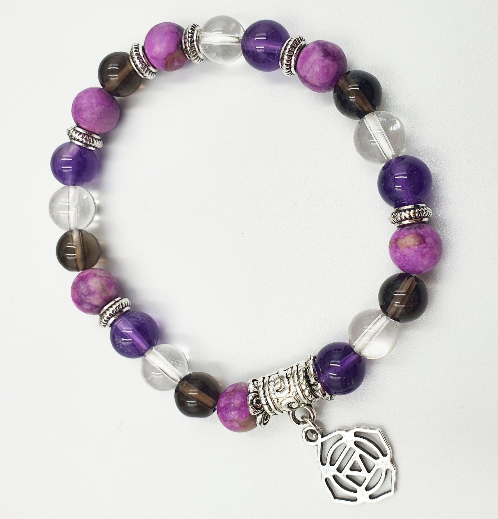 Cancer Treatment Support Crystal Healing Bracelet with Chakra Charm (Amethyst, Clear Quartz, Smokey Quartz and Sugilite)