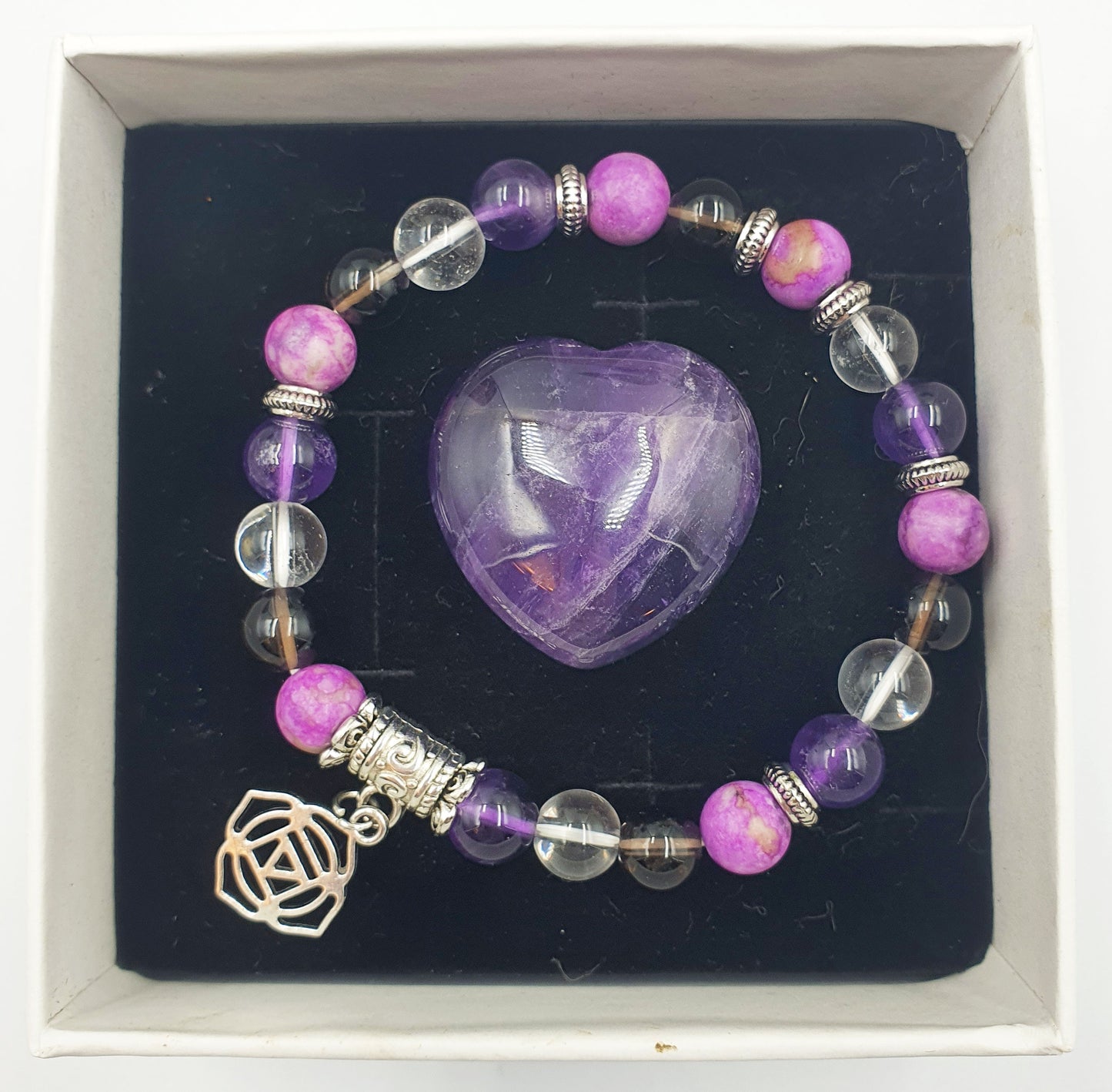 Cancer Treatment Support Crystal Healing Bracelet with Chakra Charm (Amethyst, Clear Quartz, Smokey Quartz and Sugilite)