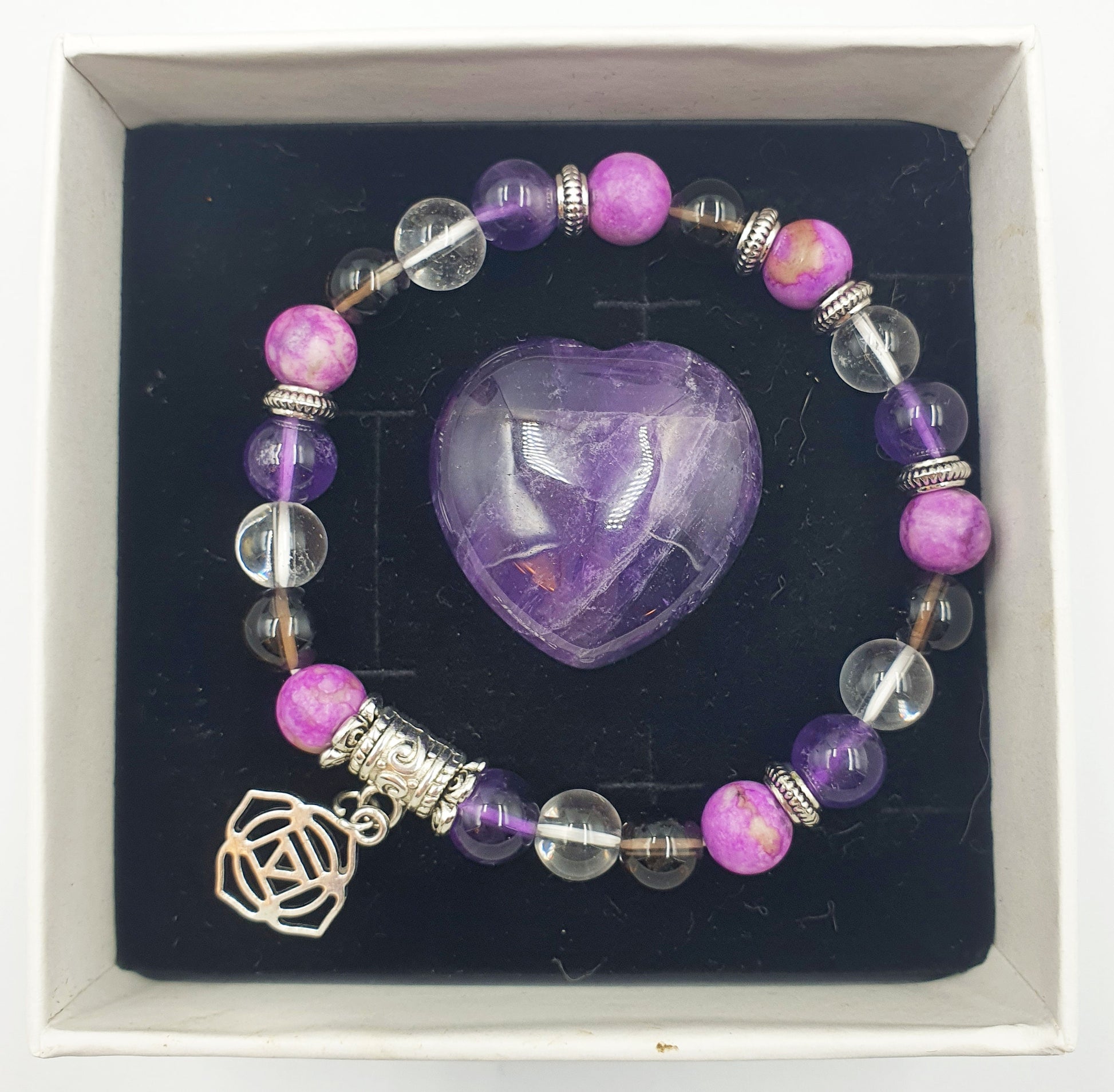 Cancer Treatment Support Crystal Healing Bracelet with Chakra Charm (Amethyst, Clear Quartz, Smokey Quartz and Sugilite)