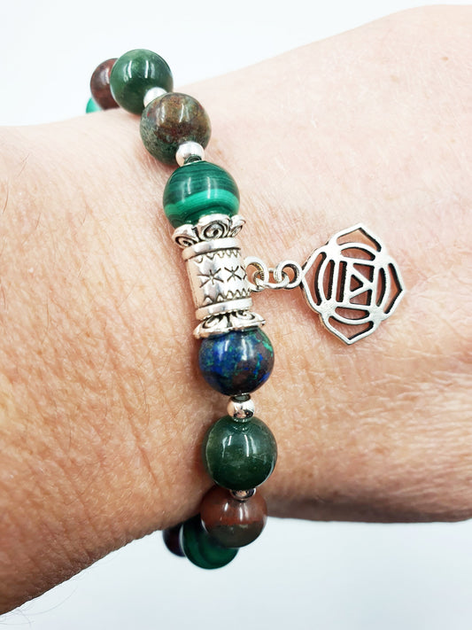 Cancer Diagnosis Support Crystal Healing Bracelet with Chakra Charm (Bloodstone, Malachite, Sonora Sunrise and Moss Agate)