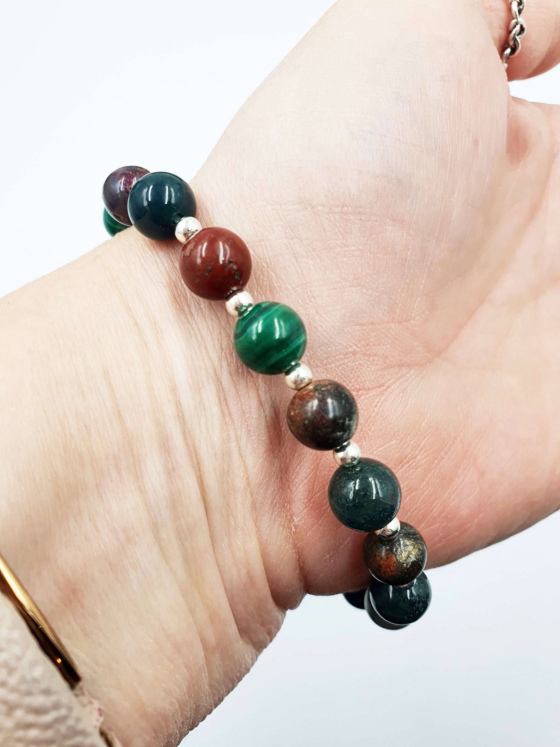 Cancer Diagnosis Support Crystal Healing Bracelet with Chakra Charm (Bloodstone, Malachite, Sonora Sunrise and Moss Agate)