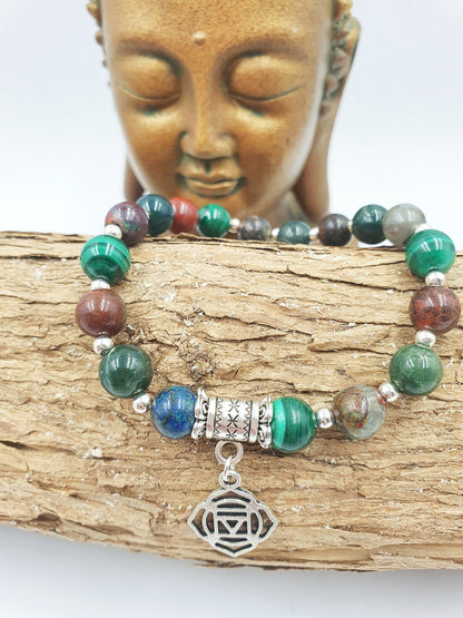 Cancer Diagnosis Support Crystal Healing Bracelet with Chakra Charm (Bloodstone, Malachite, Sonora Sunrise and Moss Agate)