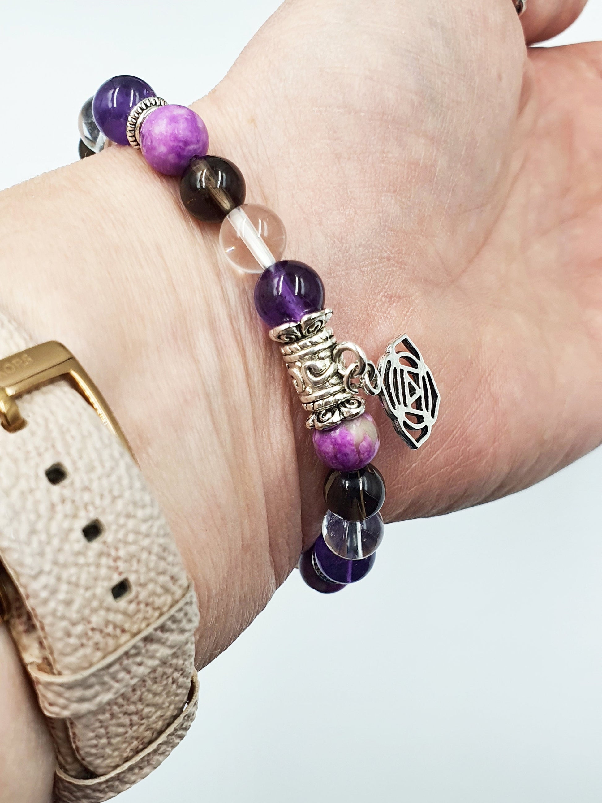 Cancer Treatment Support Crystal Healing Bracelet with Chakra Charm (Amethyst, Clear Quartz, Smokey Quartz and Sugilite)