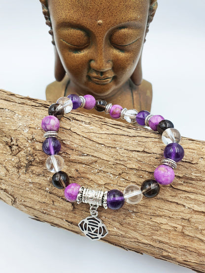 Cancer Treatment Support Crystal Healing Bracelet with Chakra Charm (Amethyst, Clear Quartz, Smokey Quartz and Sugilite)
