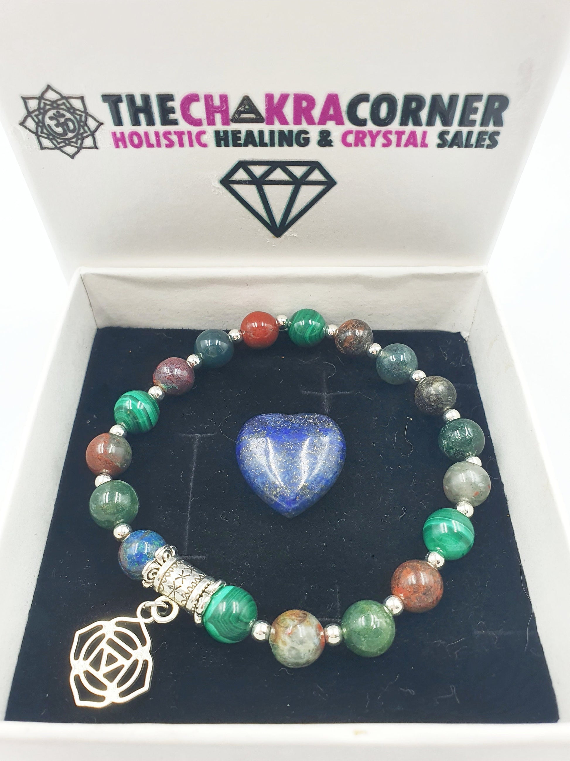Cancer Diagnosis Support Crystal Healing Bracelet with Chakra Charm (Bloodstone, Malachite, Sonora Sunrise and Moss Agate)
