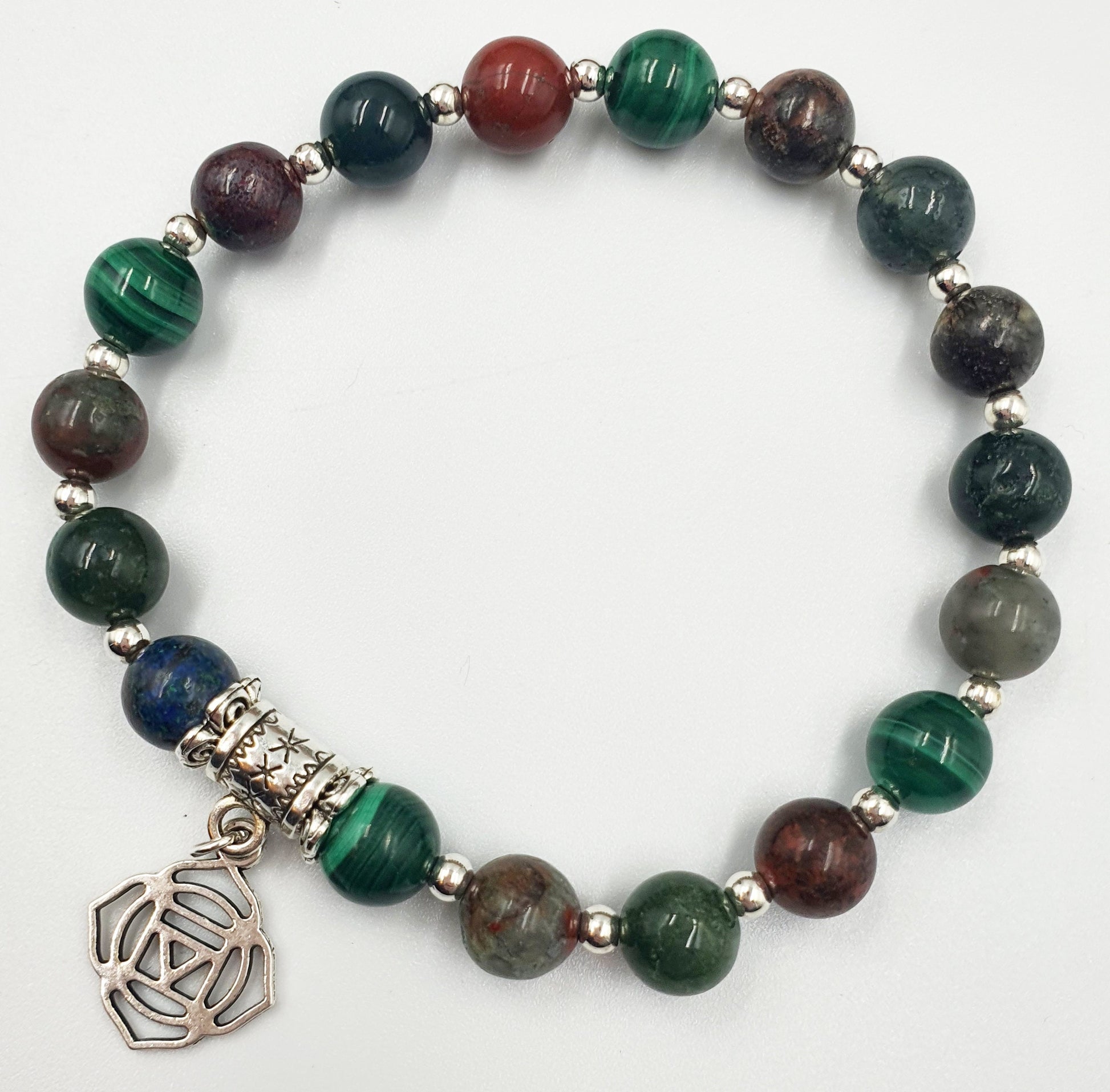 Cancer Diagnosis Support Crystal Healing Bracelet with Chakra Charm (Bloodstone, Malachite, Sonora Sunrise and Moss Agate)