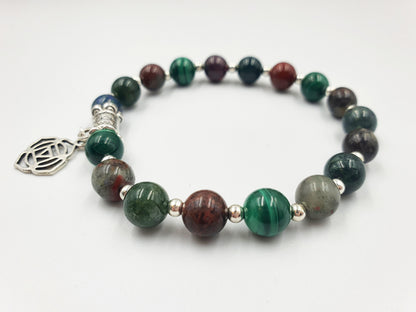 Cancer Diagnosis Support Crystal Healing Bracelet with Chakra Charm (Bloodstone, Malachite, Sonora Sunrise and Moss Agate)