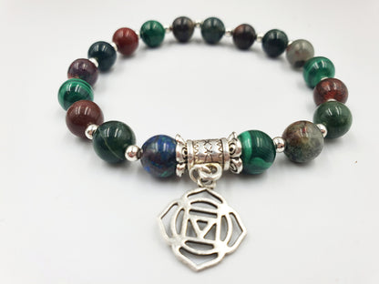 Cancer Diagnosis Support Crystal Healing Bracelet with Chakra Charm (Bloodstone, Malachite, Sonora Sunrise and Moss Agate)