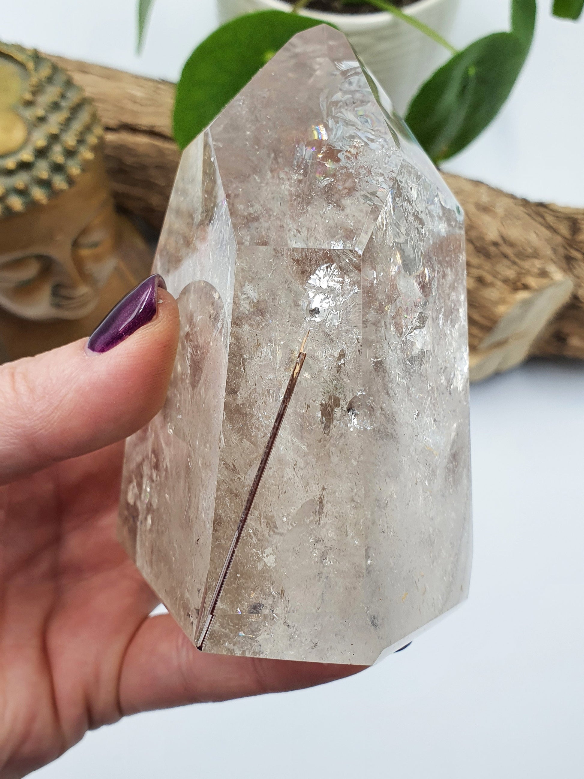 A Grade Brazilian Clear Quartz Point with Rainbows and Rutile