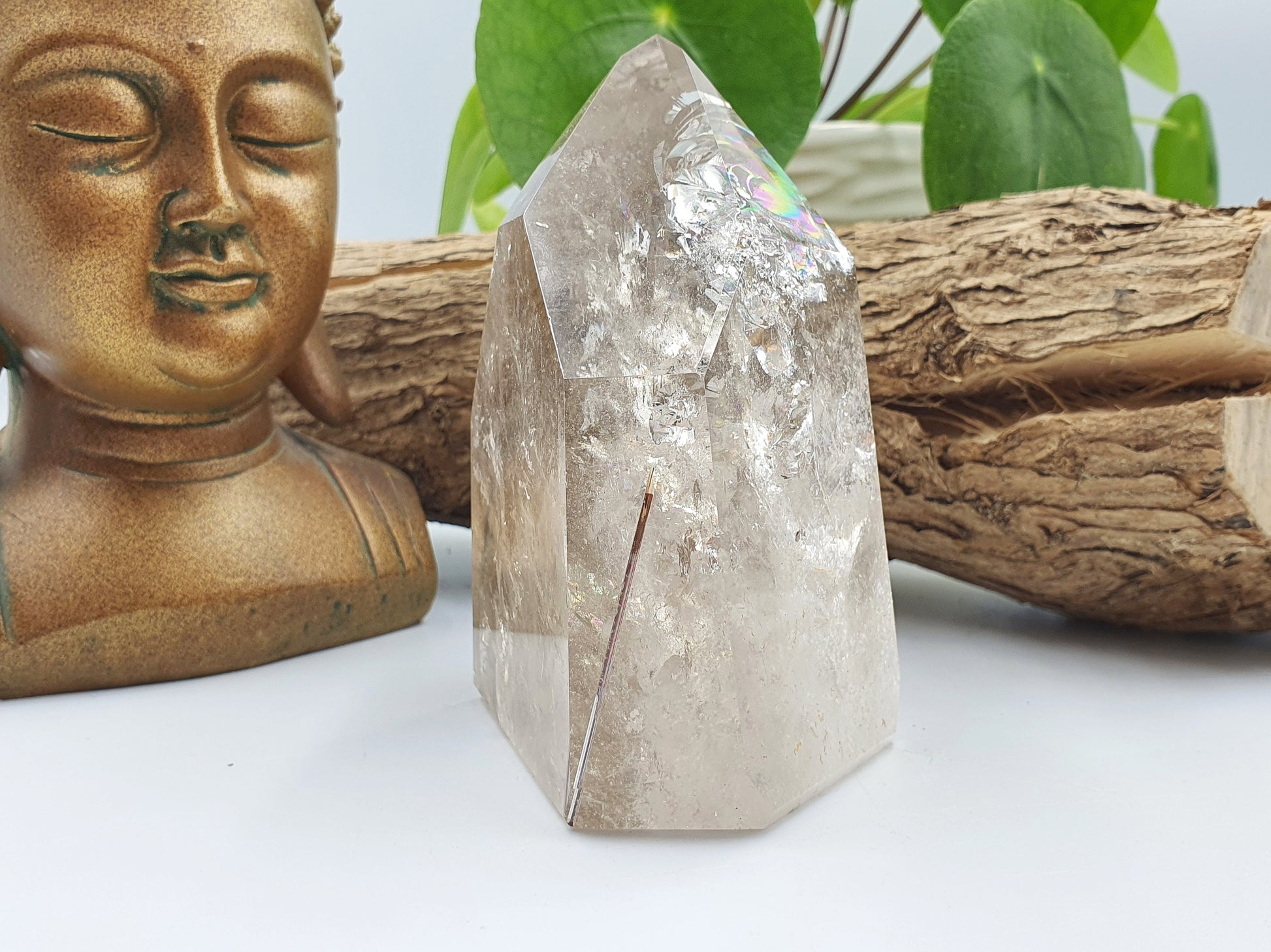 A Grade Brazilian Clear Quartz Point with Rainbows and Rutile