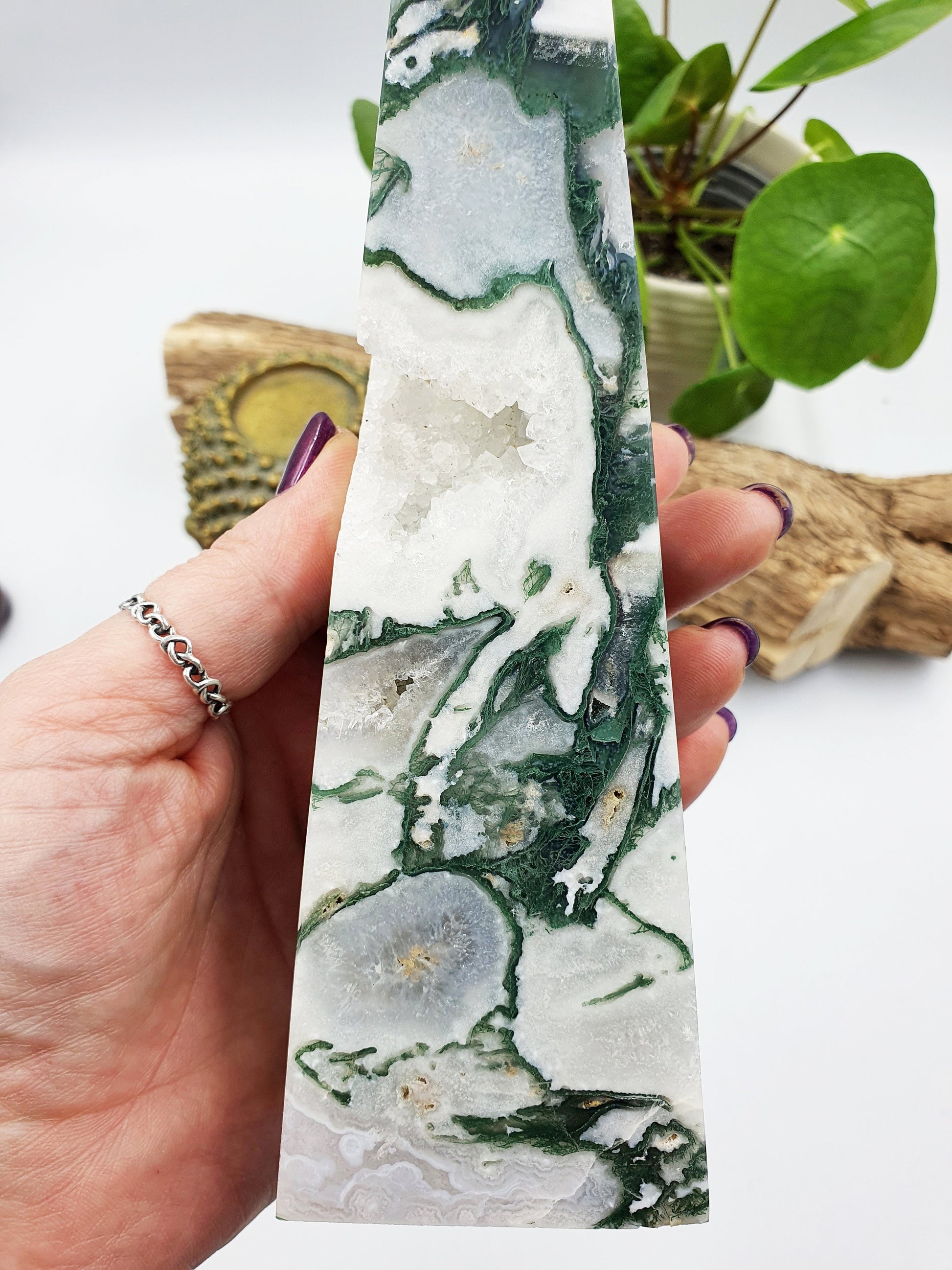 Large Moss Agate Drusy Crystal Tower