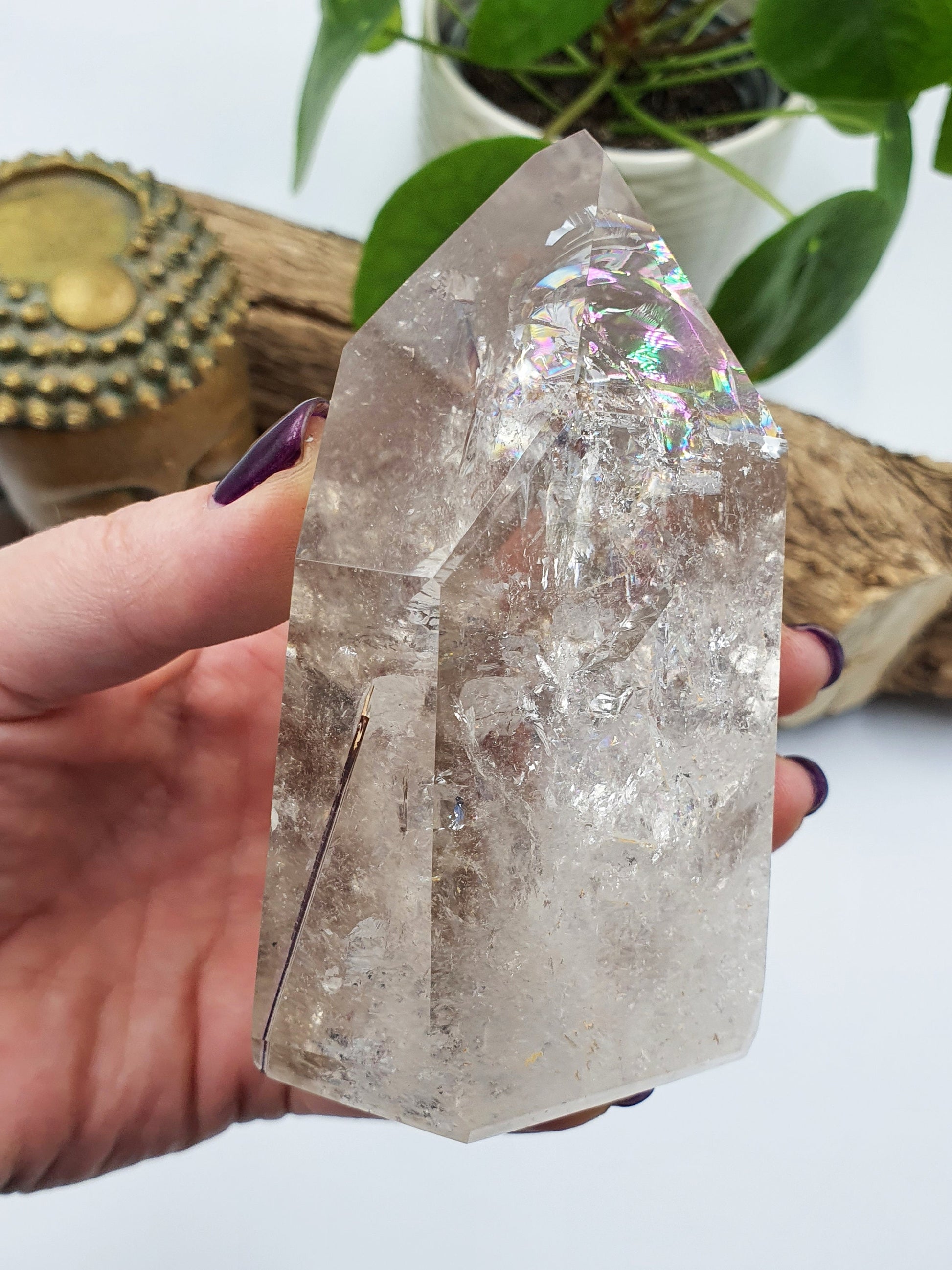 A Grade Brazilian Clear Quartz Point with Rainbows and Rutile
