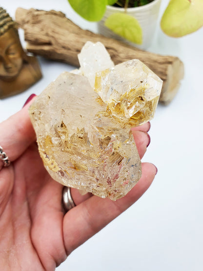 Skeletal Quartz Specimen from Pakistan with moving carbon bubble and rainbow flashes