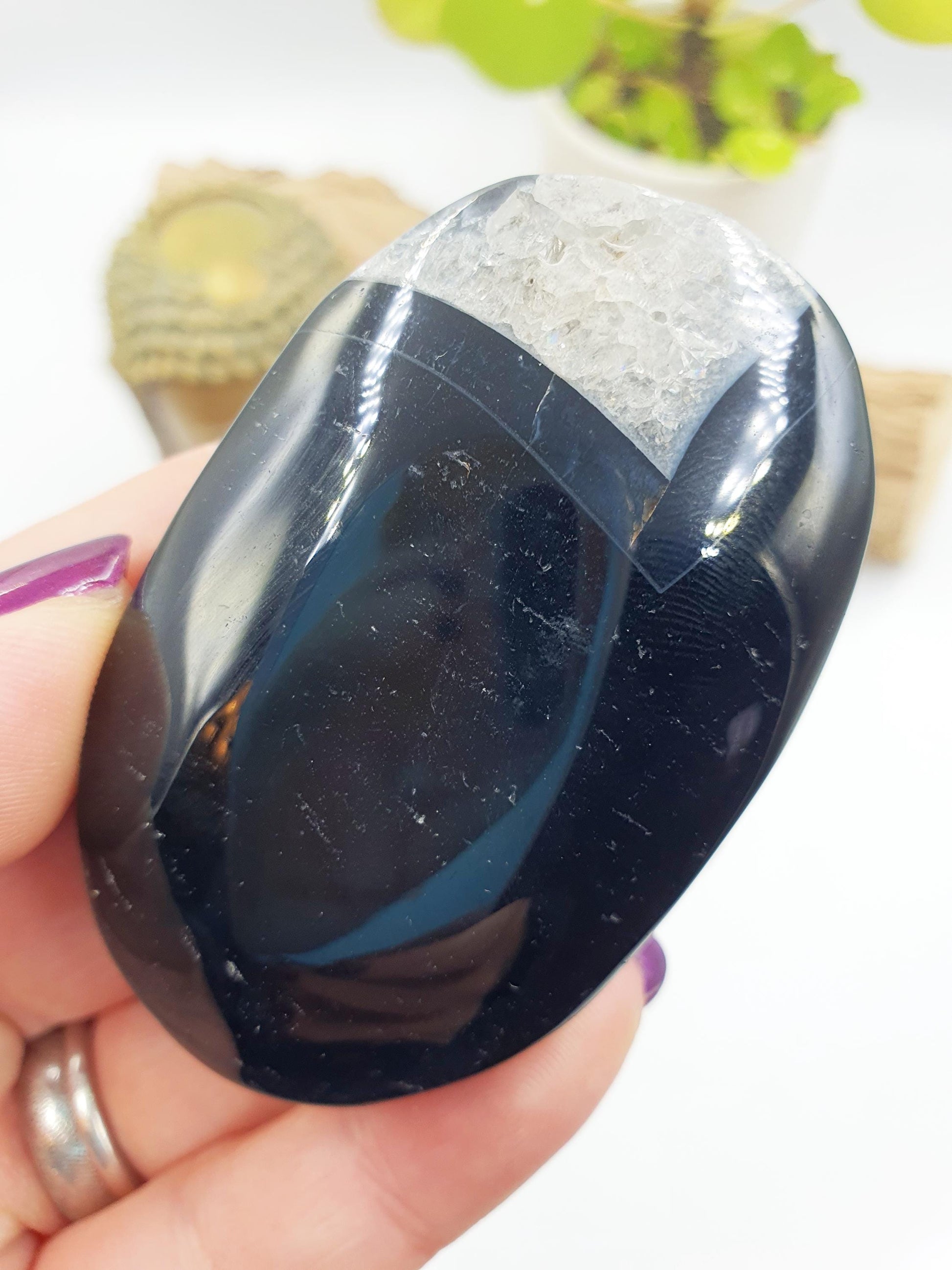 Large Black Banded Agate Drusy Palm