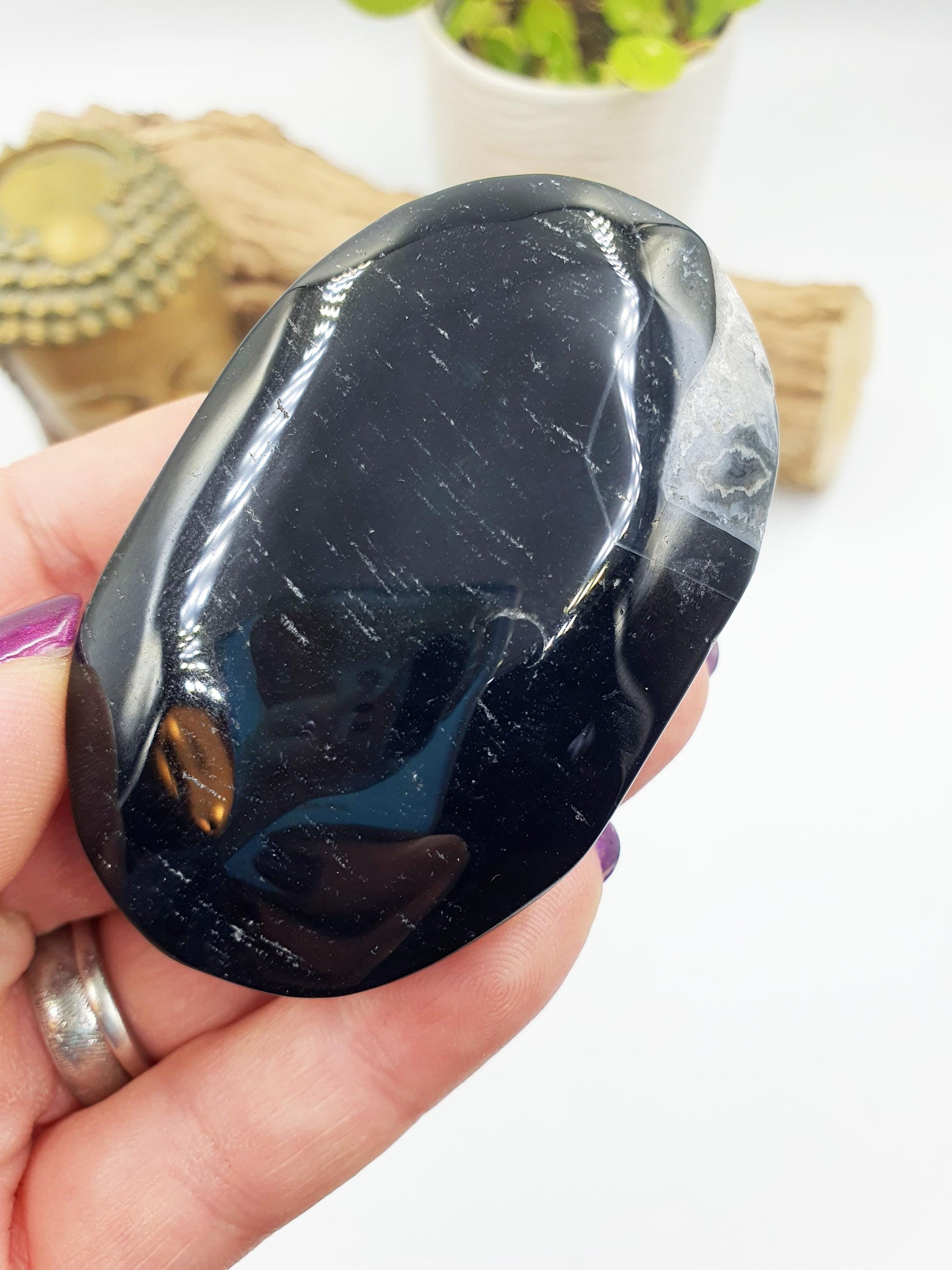 Large Black Banded Agate Drusy Palm